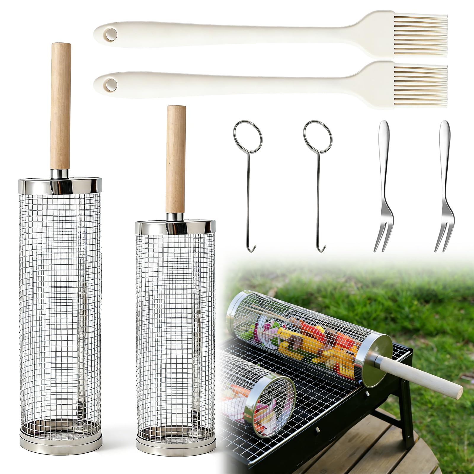2Pcs Rolling Grill Basket, Nesting Grilling Net, BBQ Grill Basket with Removable Wooden Handles 304 Stainless Steel Barbecue Tools Accessories for Outdoor Cooking Camping