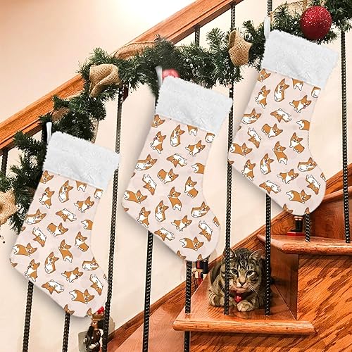 Miniatura 8 de Blueangle Calcetines de Navidad con patrón de Corgis de dibujos animados de 17.7 pulgadas, soportes de regalo para fiestas, decoraciones de
