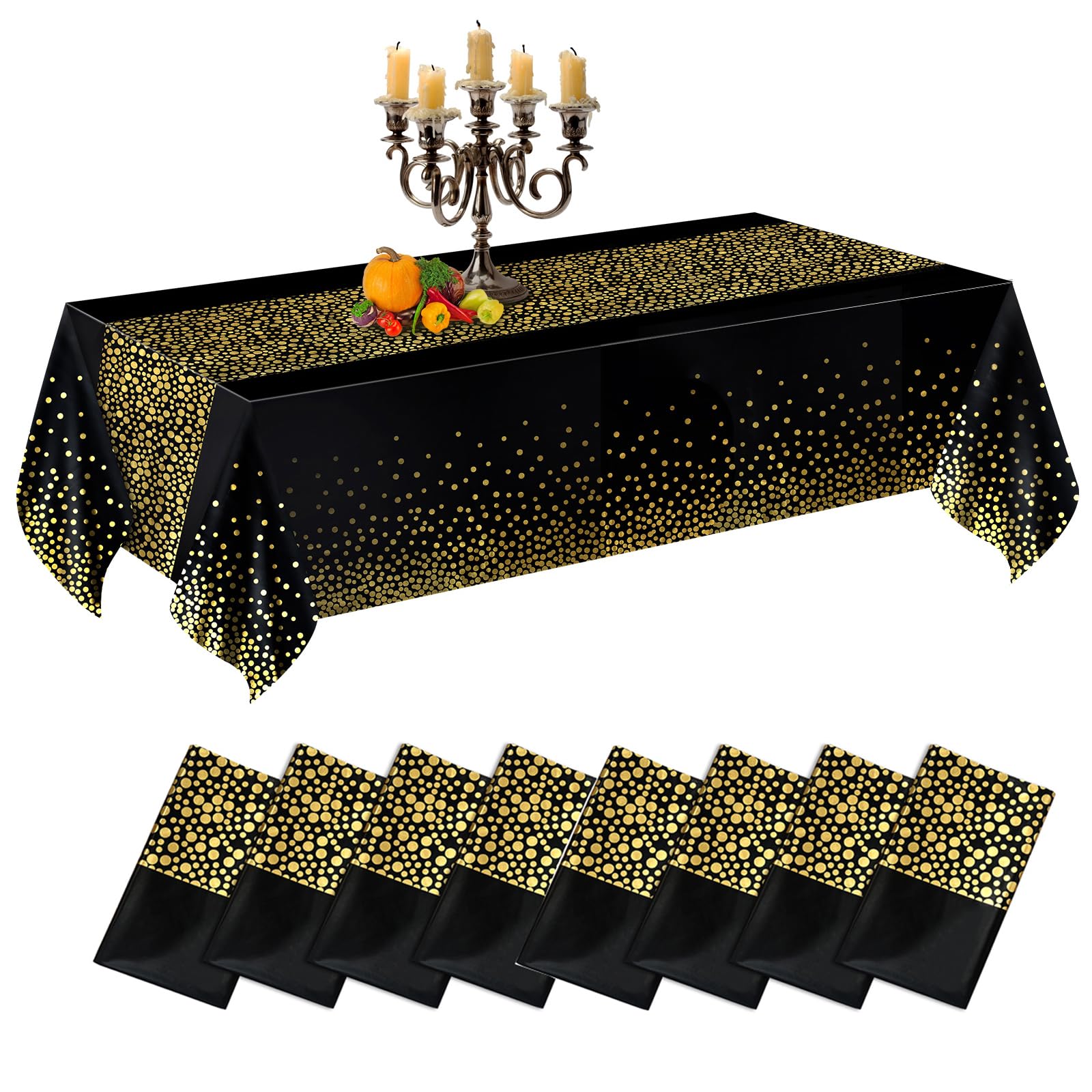 CHEPULA Einweg Tischdecke, [8 Stück] Wasserdicht Geburtstag Tischdecken, Rechteckig Tischtuch Geeignet für Party, Kindergeburtstag, Hochzeit, Weihnachten, 137 x 274 cm, Schwarz & Gold