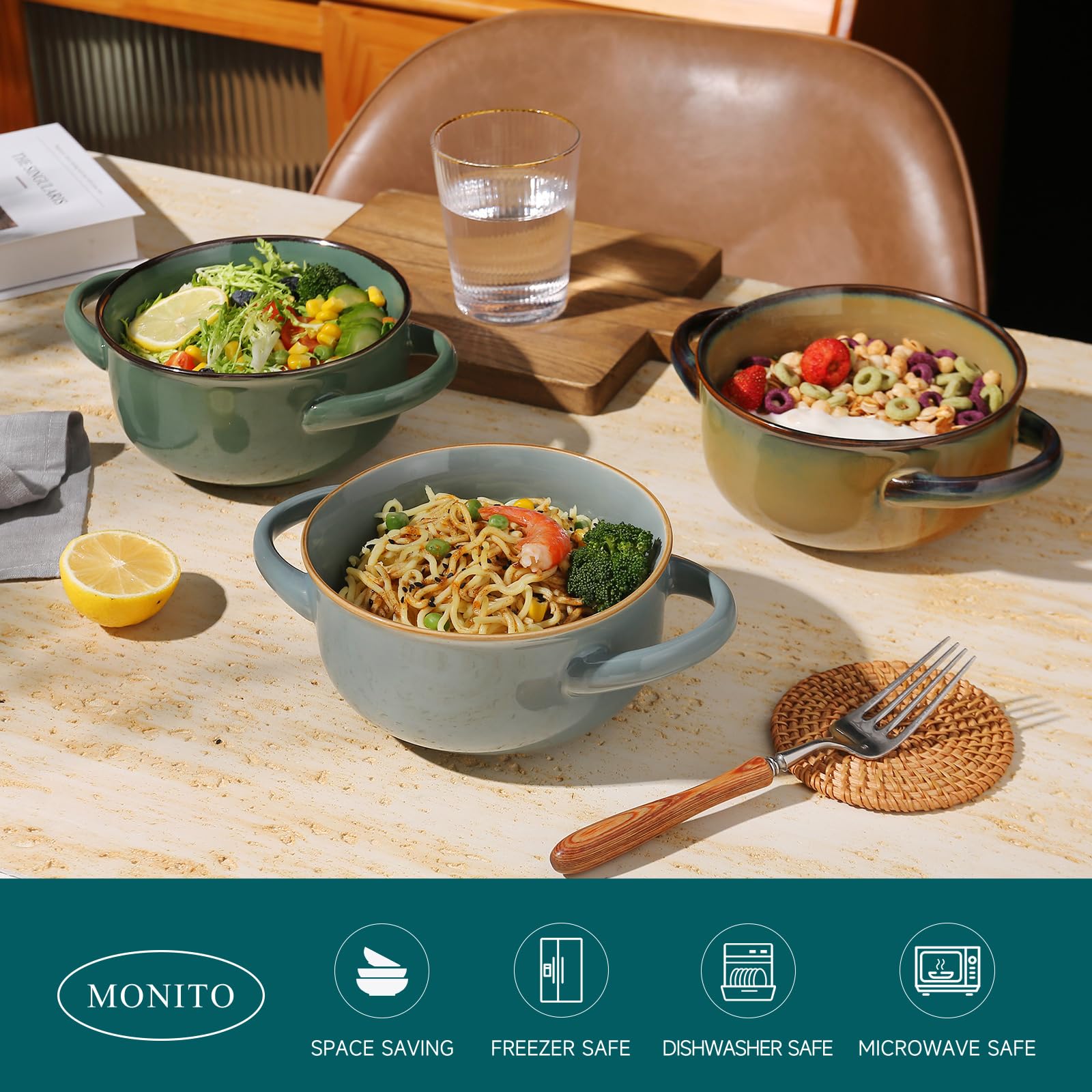 MONITO Lot De 4 Saladiers En Céramique Avec Poignées, 473,6 G