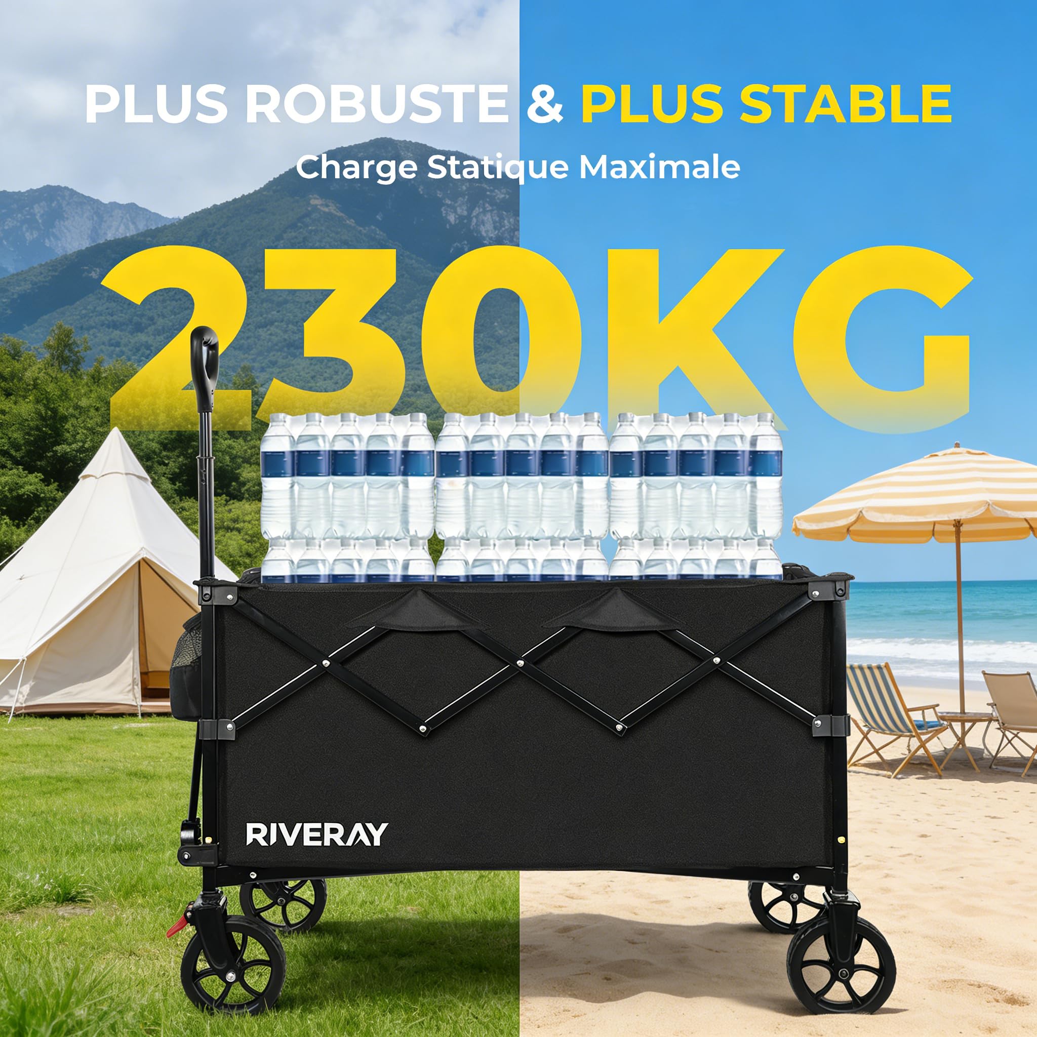 Chariot Pliable Tout Terrain 300L 230KG, Chariot de Plage à roulettes avec Freins, Toile Amovible, Grand Volume XXXL pour Camping, Jardin, Pêche, Transport, Pique-Nique