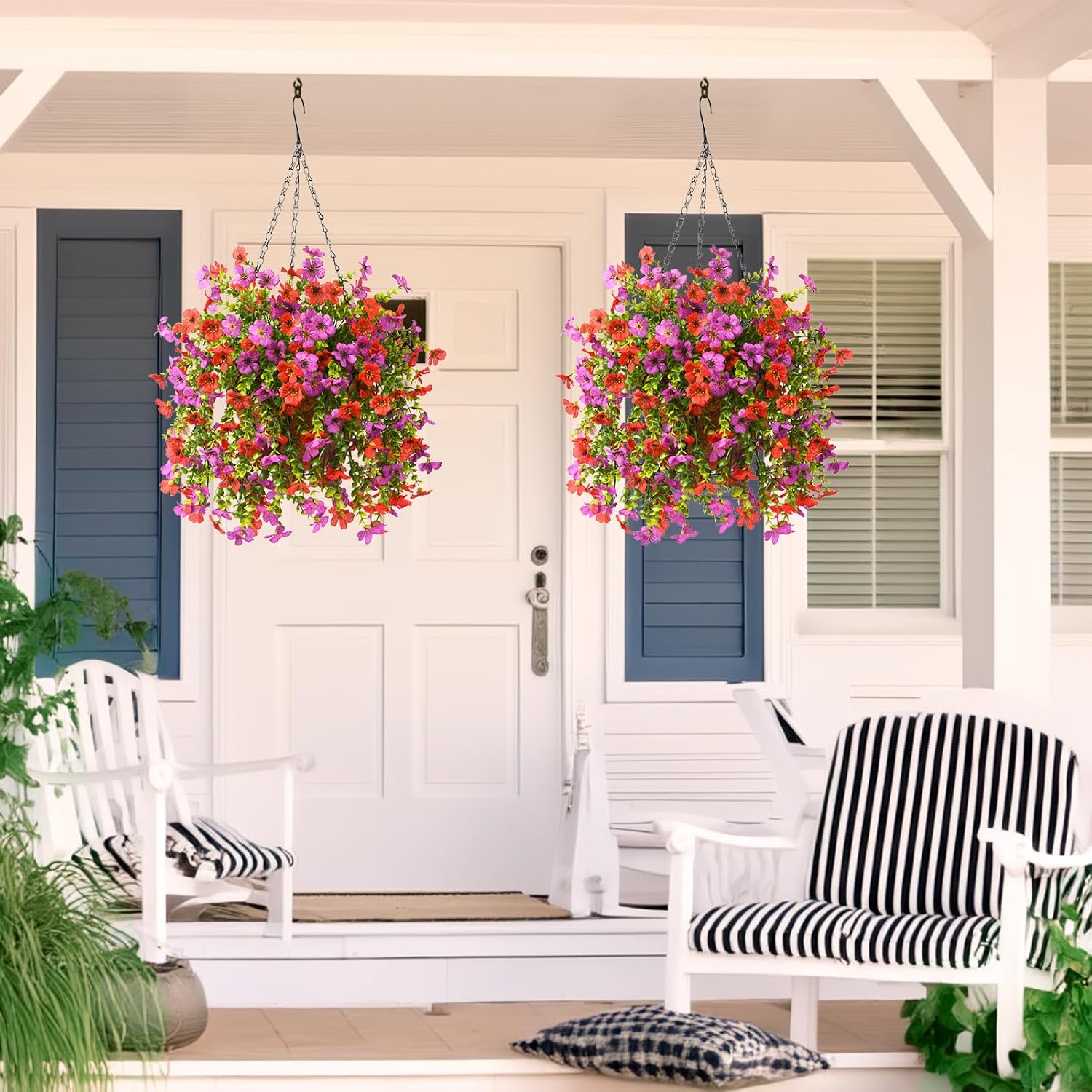 Artificial Hanging Flowers for Outdoors Spring Summer Decoration, 2PCS Silk Fake Daisy Realistic Outdoor Flowers UV Resistant Porch Patio Window Yard Decor(Purple Red) - Image 5