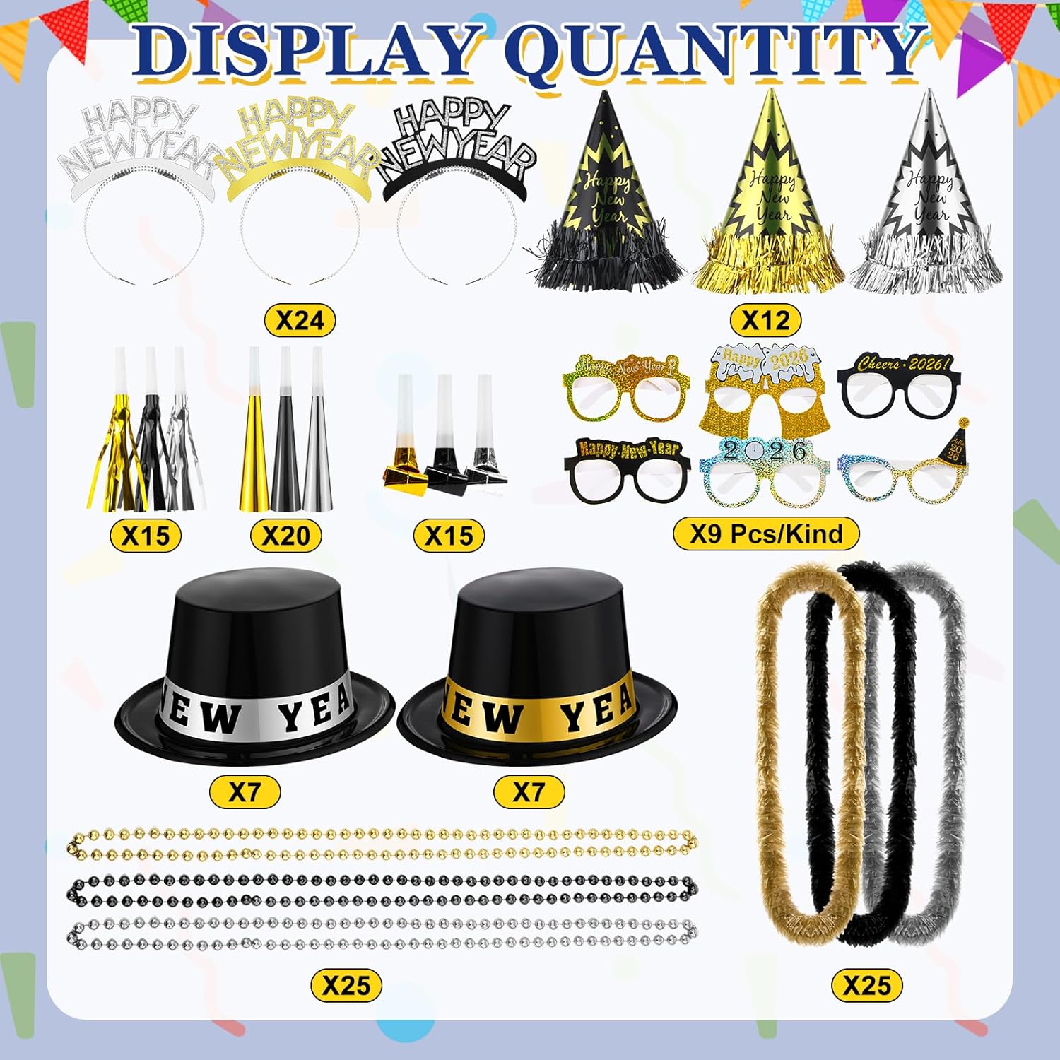 204 Pcs 2026 New Year's Eve Party Supplies for 50 Guests Includes Top Hats Cone Hats Tiaras Glasses Horns Squawkers Blowouts Bead Necklaces Lei Necklace Happy New Year Party Favors - Image 3