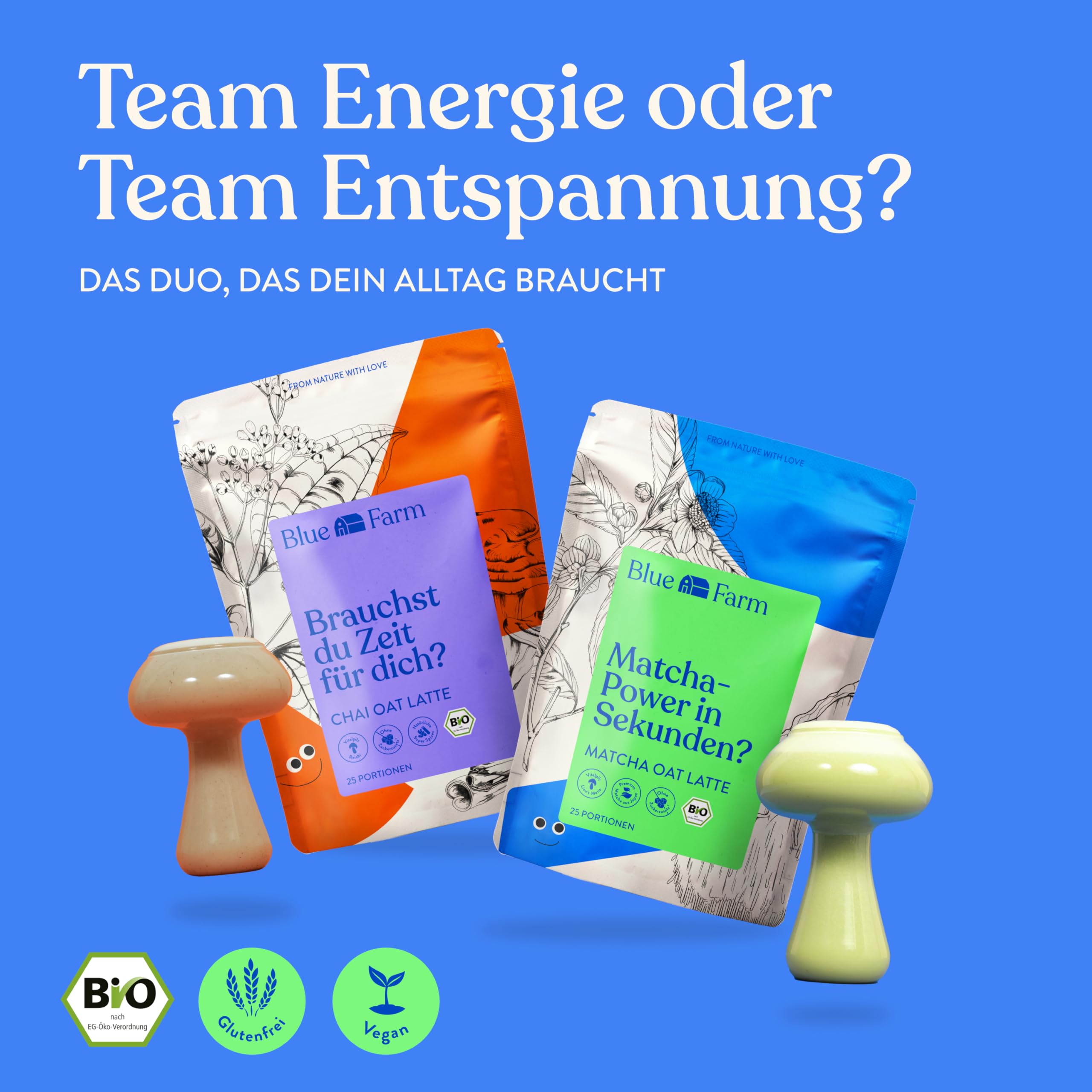 Blue Farm Bio Matcha und Chai Oat Latte auf Haferbasis ohne Zuckerzusatz – 100% Vegan – Laktosefrei & glutenfrei – weniger Verpackungsmüll