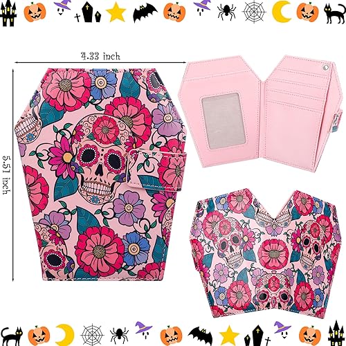 Miniatura 4 de Paterr Billetera gótica rosa para Halloween, bonita cartera de ataúd para mujeres y niñas, billetera plegable de cuero con calavera rosa, estética,
