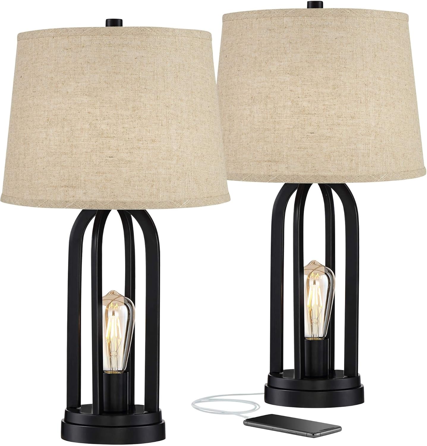 360 Lighting Marcel Industrial Modern Table Lamps 24.25" High Set of 2 with USB Charging Port and Nightlight LED Black Metal Burlap Linen Shade for Living Room Desk Bedroom House Bedside