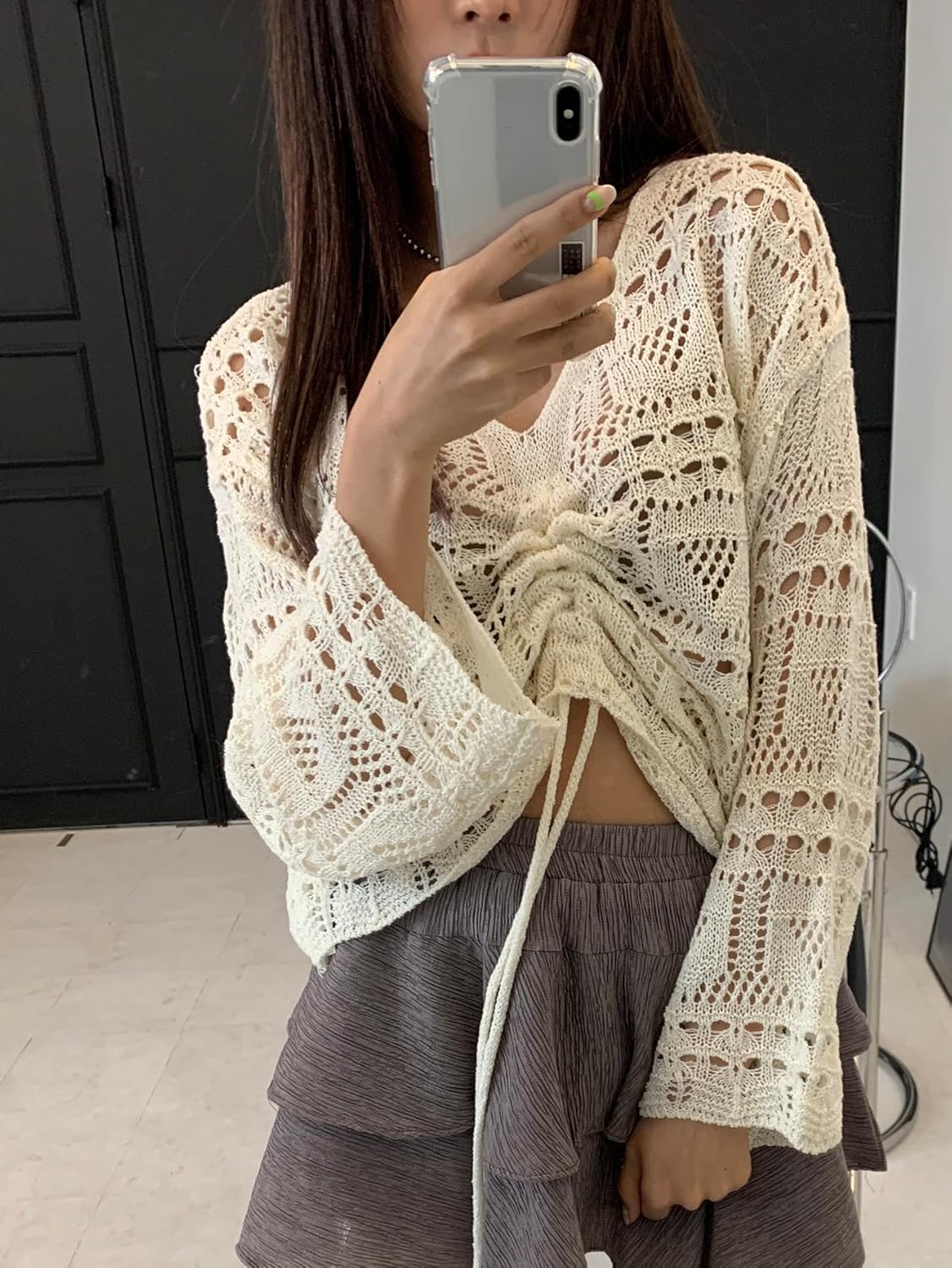 Women's Sweater Drawstring Front Drop Shoulder Open Knit Sweater Without Bra Sweater for Women (Color : Apricot, Size : Medium)