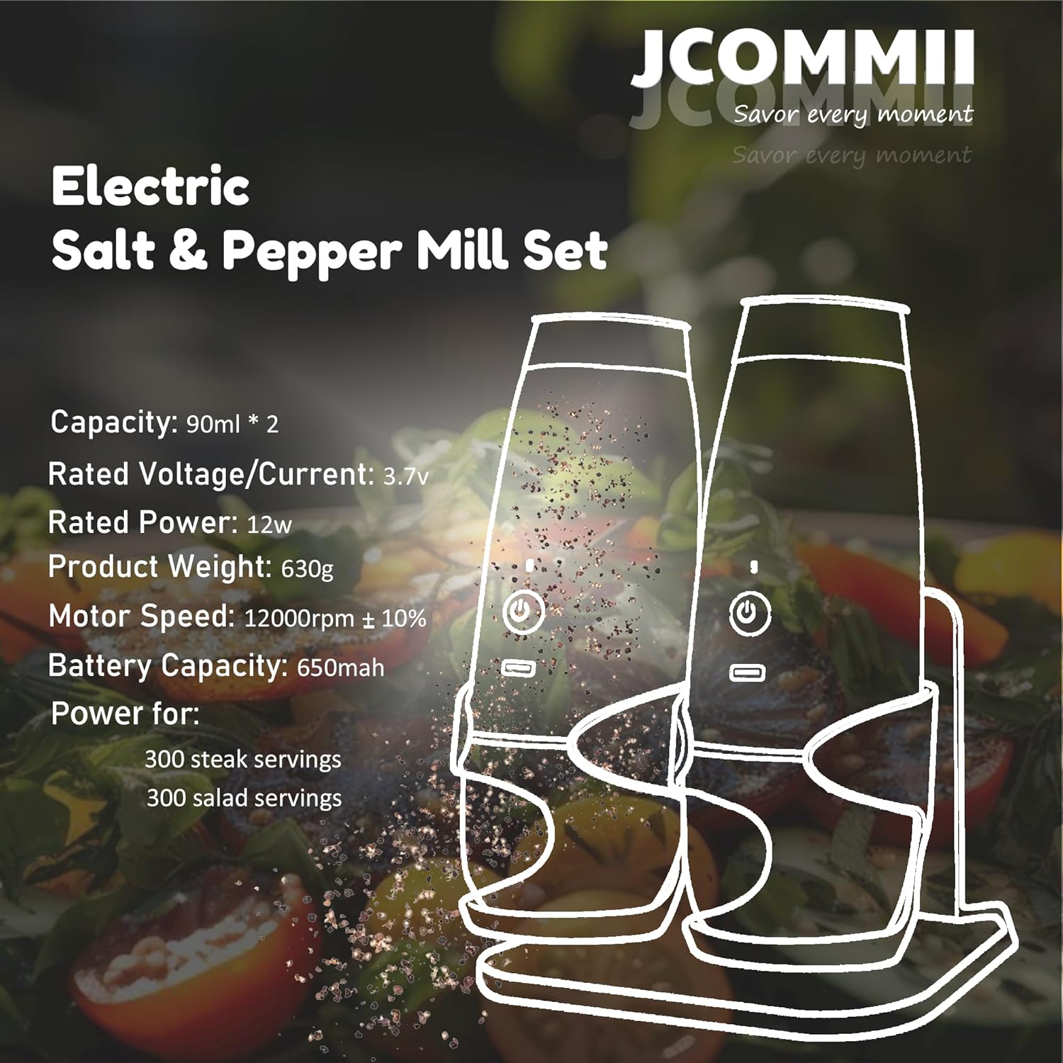 Electric Salt and Pepper Grinder Set, Type-C USB Rechargeable, Automatic Mill with Adjustable Coarseness, Stainless Steel, LED Light, 90ml Capacity, Kitchen Appliances for cooks 2 Pack
