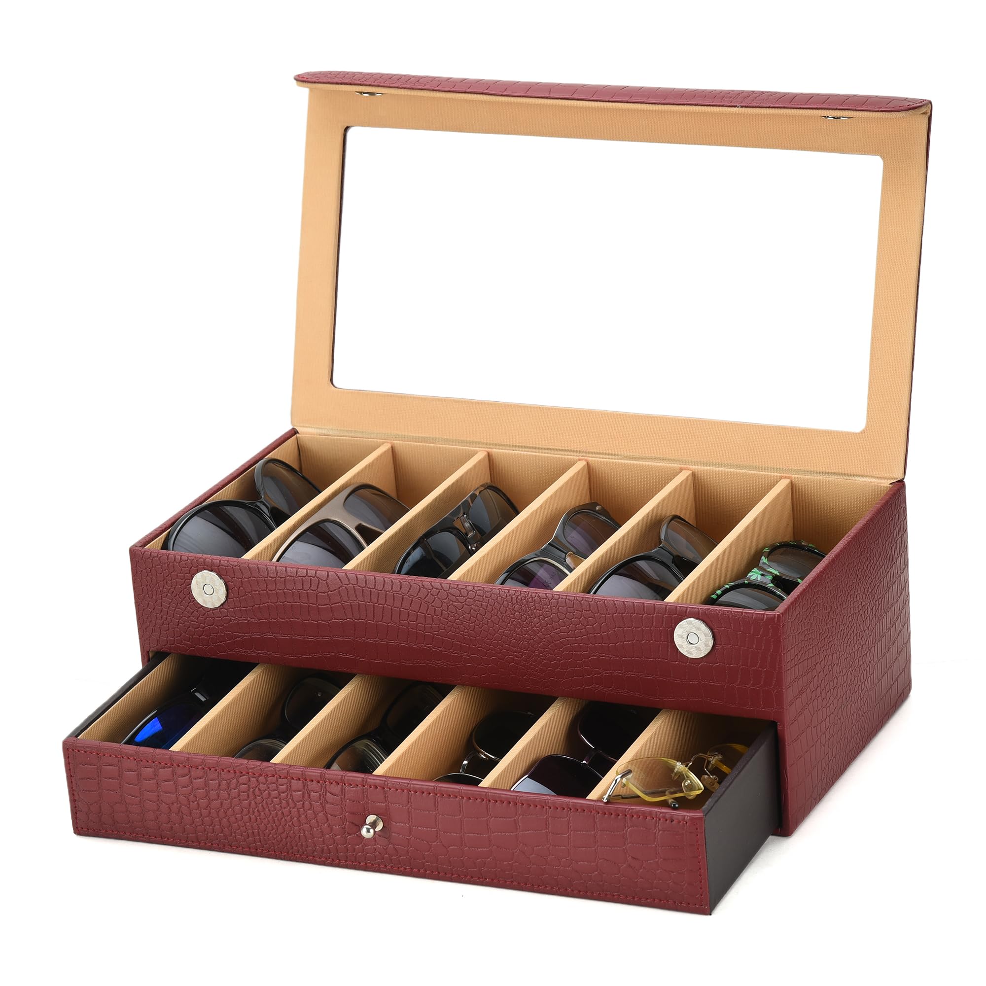 faux Leather Men Women Sunglasses Organize for Travel 12 Slot Travel Sunglasses Case Roll Organizer Classic in Maroon-image-31
