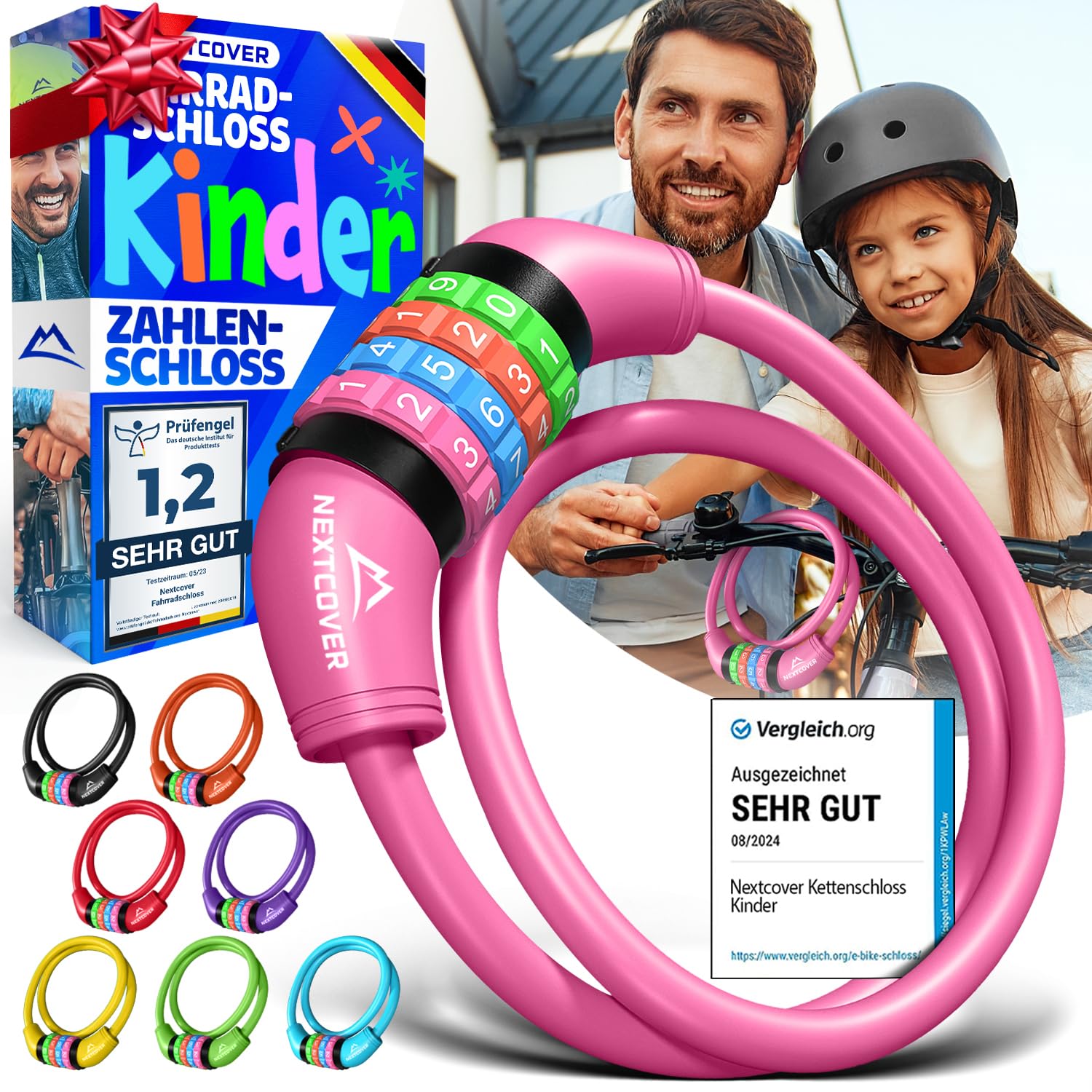 NEXTCOVER® Fahrradschloss Kinder mit 4-stelligem Zahlencode I Kinder Fahrradschloss - Ideal für Roller, Fahrrad & mehr I Zahlenschloss Fahrrad mit bunten Zahlen - Roller Schloss Extra robust & sicher