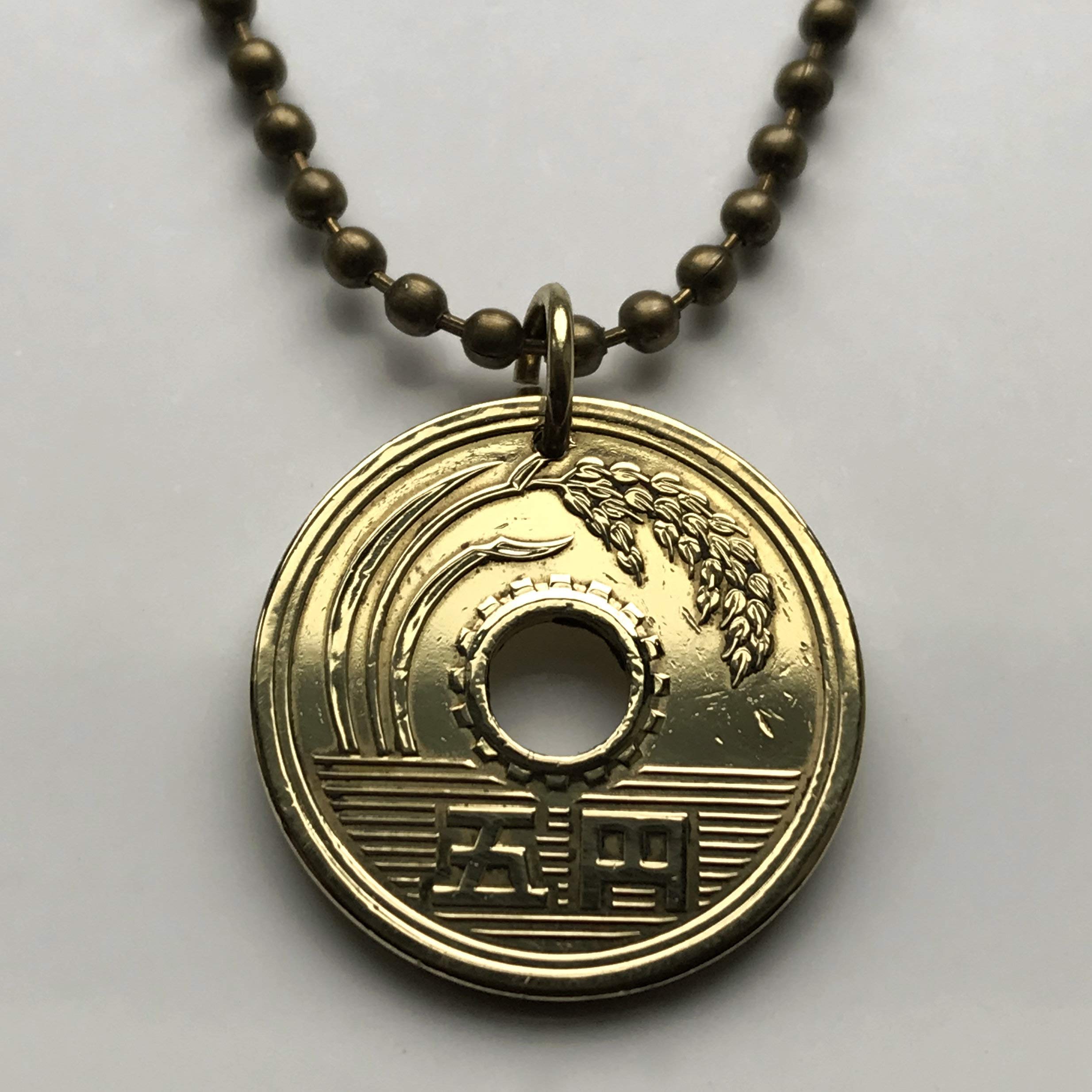 coinedjewelry1972 Japan Nippon Nihon 5 Yen coin pendant Japanese jewelry rice stalk Tokyo Kobe Yokohama Osaka Nagoya Sapporo Kawasaki Kyoto Sendai Chiba Fukuoka Okinawa Sakai Niigata Shizuoka Kanto Kanji n000096
