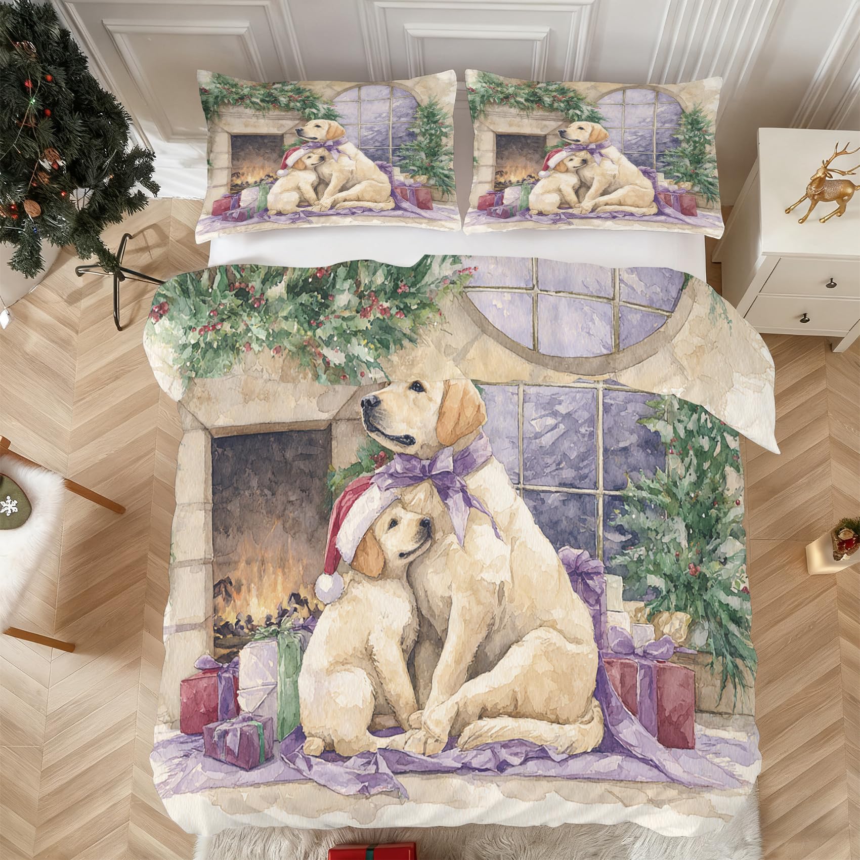 Housse de Couette Noël Chien 2 Personnes 220x240 en Microfibre avec Taies