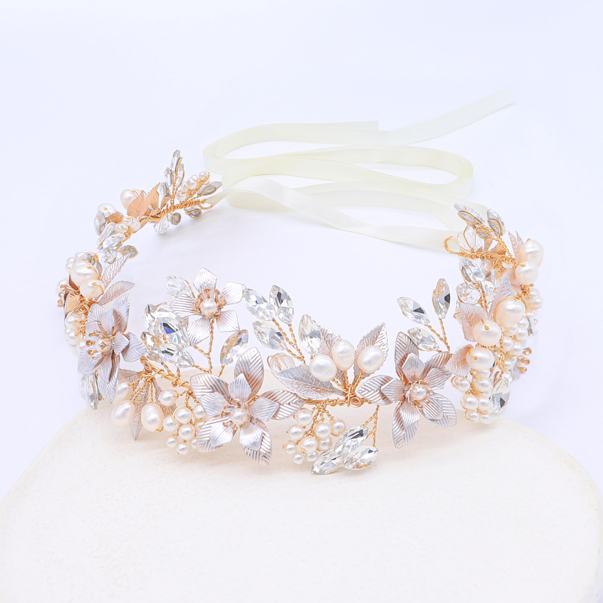 Oriamour Hochzeit Stirnband Brautschmuck Kopfschmuck Blume mit echten Süßwasserperlen und Schleifen Haarschmuck für Braut