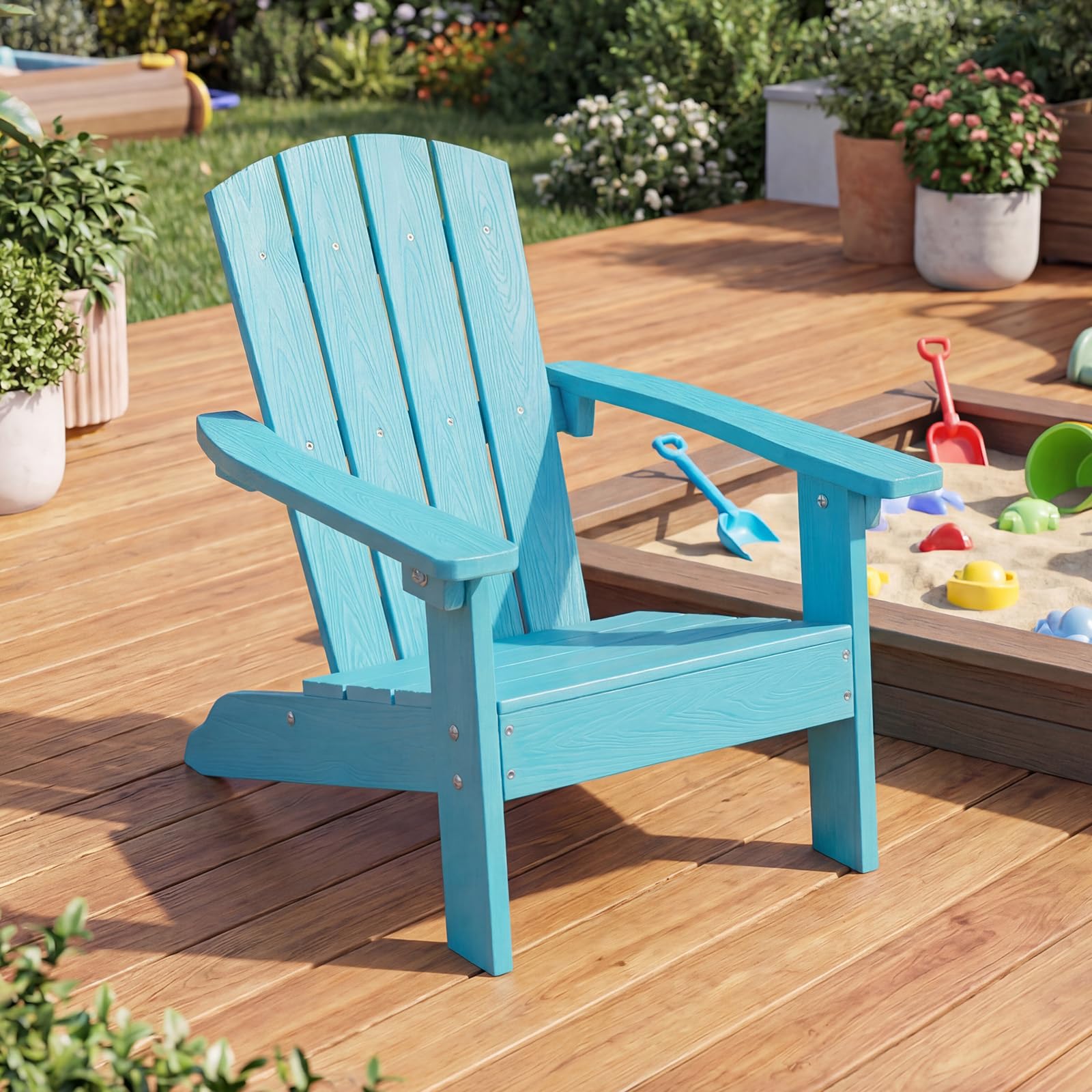 COSTWAY Chaise Adirondack Enfant en HIPS, Fauteuil de Jardin Extérieur avec Accoudoirs et Assise Ergonomique 105°, Charge 75kg pour 3-8 Ans pour Jardin Piscine Terrasse, 55,5x51x56cm (Turquoise)