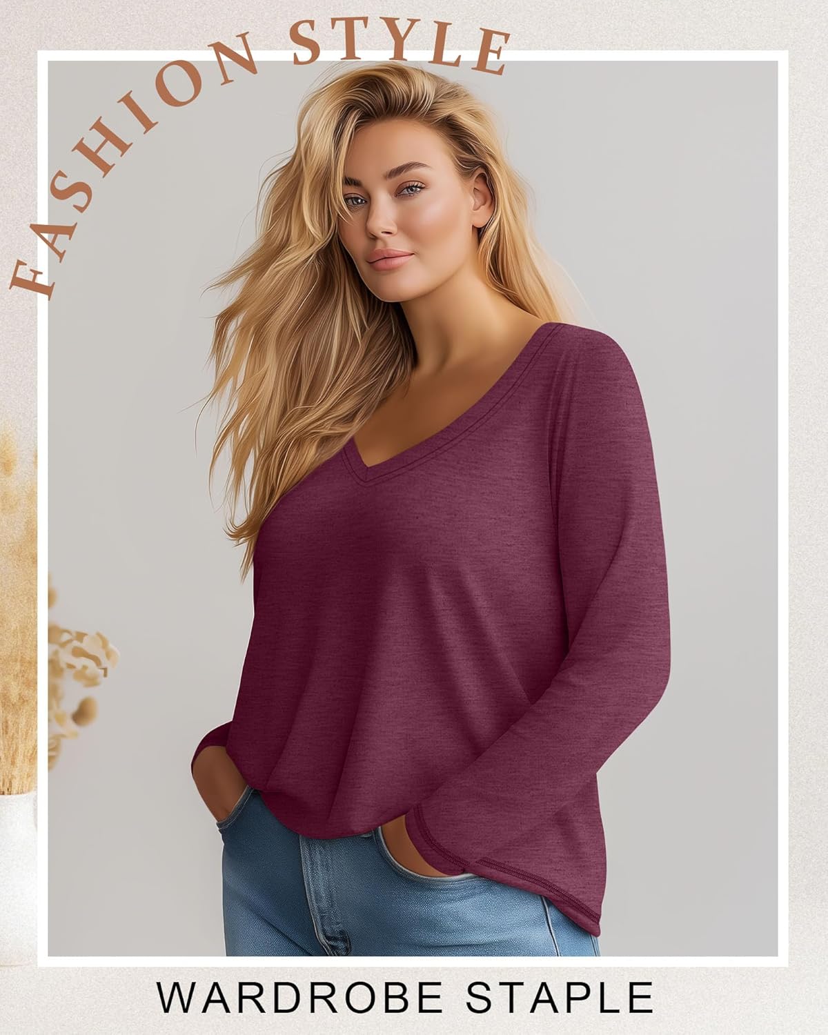 3 Pack Women's Plus Size T Shirts, Casual Long Sleeve Tops V Neck Basic Shirts Fall Loose Fit Soft Tops - Image 3