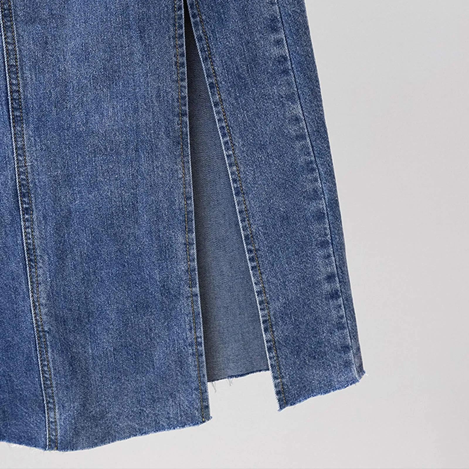 Rock Damen Langer Taille Skirt Linie Falten Jeansrock Für Frauen Split Midirock Weibliche Hohe Taille Taschen Gerade Rock