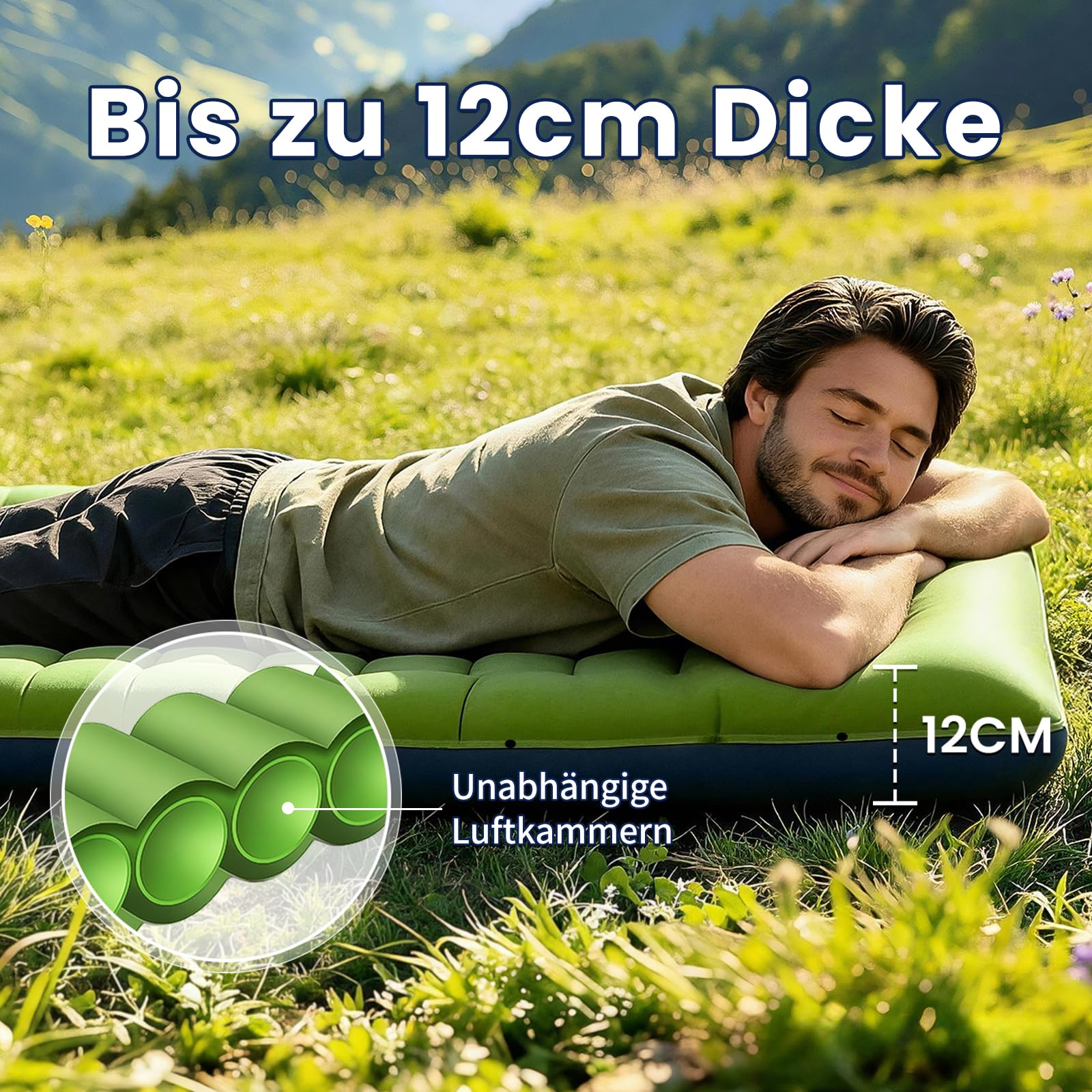 Isomatte Camping, 12 cm Hoch Aufblasbare Luftmatratze mit Integrierten Kopfkissen, Ultraleicht Campingmatte, wasserdichte Luftzellenmatte mit Fußpumpe für Wandern Outdoor Zelt Strand