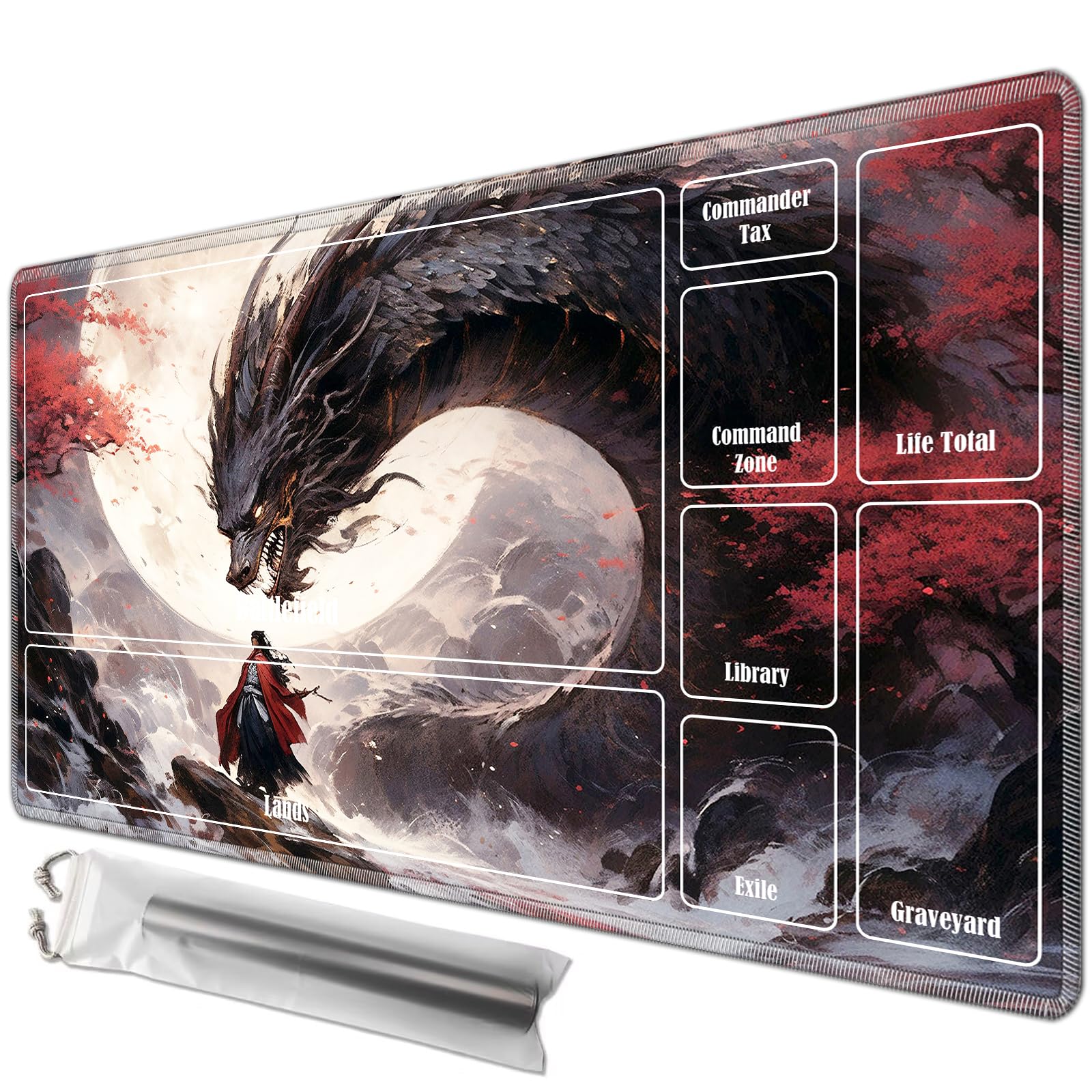 JANENFNA Playmat 27.5" x 15.7" with Magic Zones for MTG Card Game Playing, Board Game Mat for Card Breaking Commander Deck Gaming Card Game Battles Mat with Storage Bags, Japanese Ink Dragon