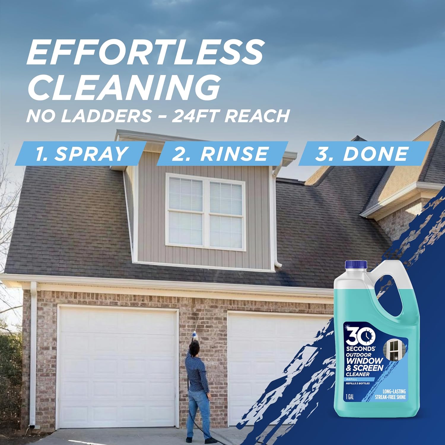 30 SECONDS Outdoor Window & Screen Concentrated Cleaner for Glass, Patio Doors, Fiberglass, Furniture - No Screen Removal Required, Spray & Rinse - Refill for Hose End Sprayer Bottles, 1.1 Gallon