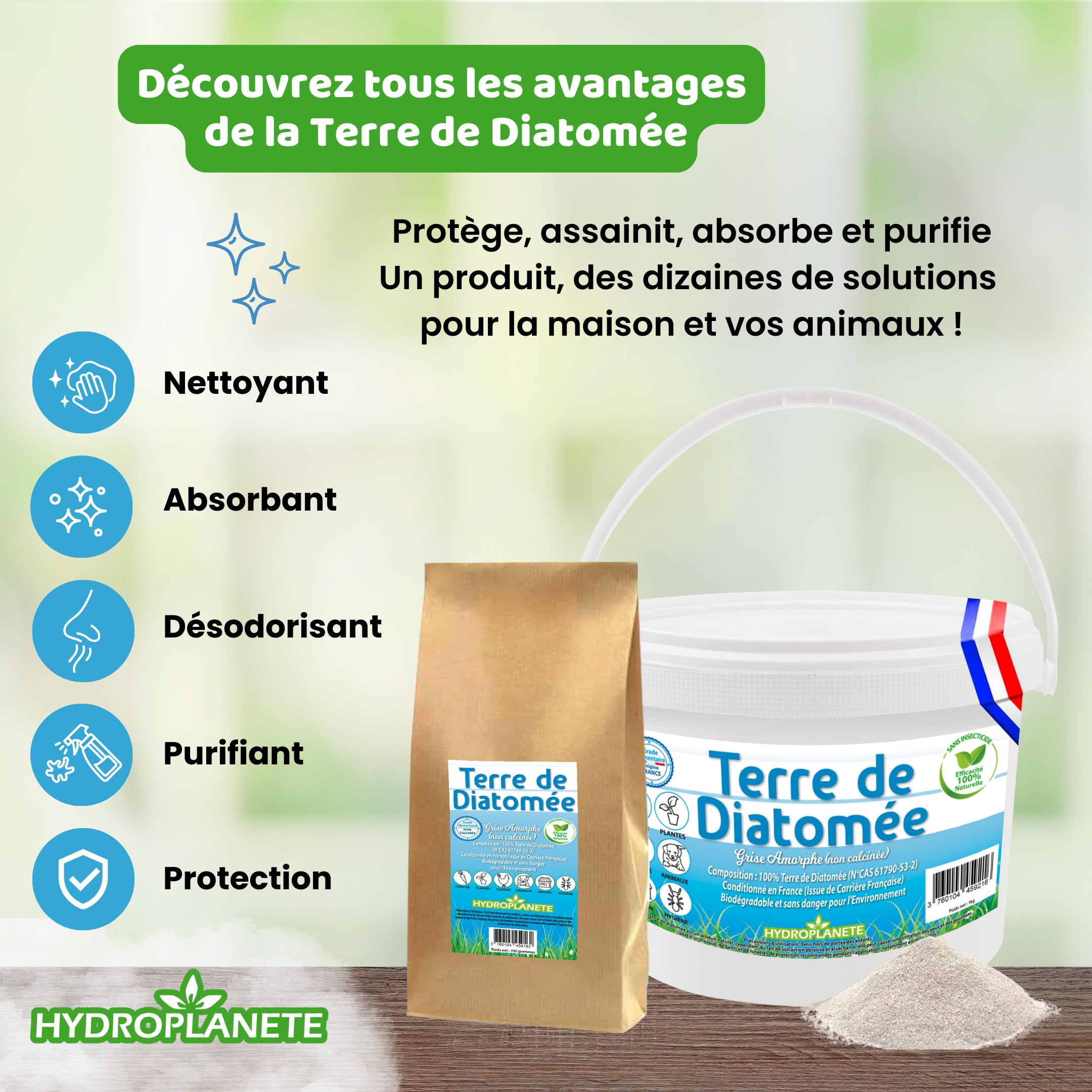 HYDROPLANETE Terre de Diatomée Grise 3 kg Multi-Usages | Poudre Alimentaire et Hygiène Animale | Sans Additifs et 100% Naturel | Fabriqué en France | Disponible de 350g à 25kg | Hydroplanete