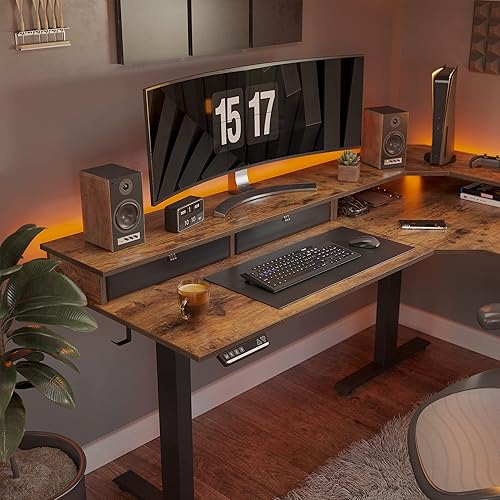 Miniatura 5 de CubiCubi Escritorio de pie en forma de L con motor triple de 63 pulgadas con 3 cajones, altura ajustable eléctrica, soporte de esquina, marrón