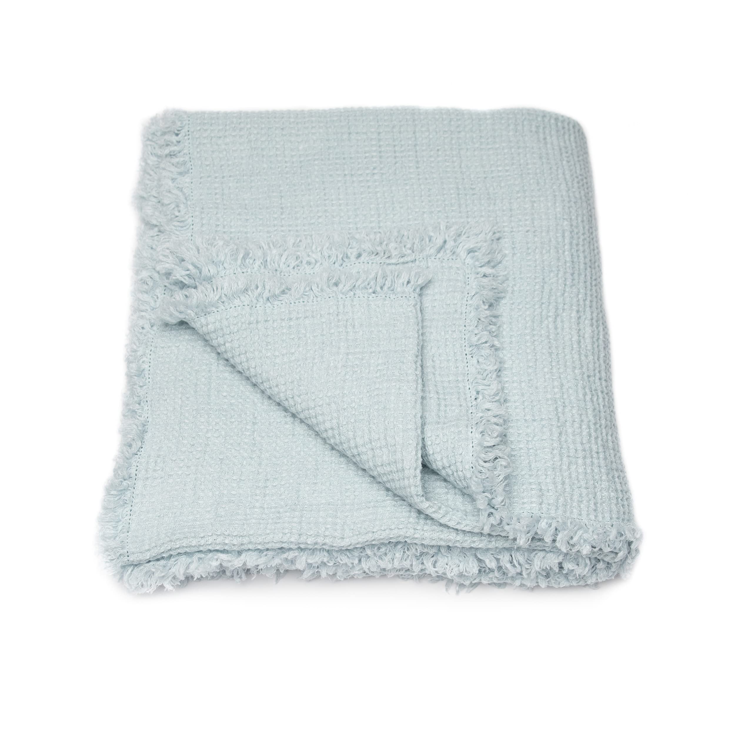LinenMe Ice Blue Linen Throw with Fringes Washed Waffle, 61 x 79