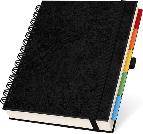 Cuaderno de espiral forrado de cuero de tapa dura de 8 x 10 pulgadas con divisores extraíbles, color negro, 300 páginas, 5 materias, cuaderno de