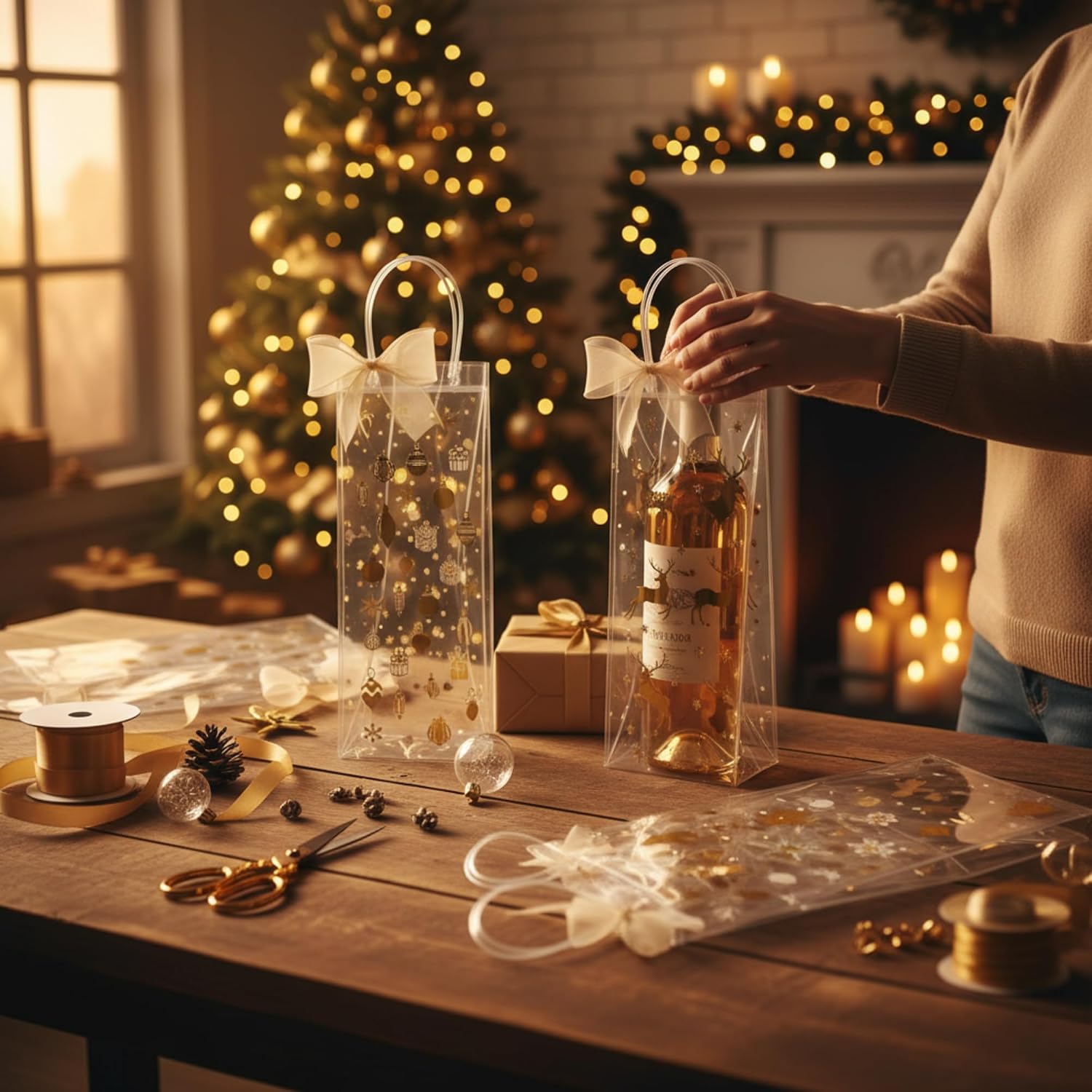 Henoyso 24 Pcs Gold Foil Christmas Wine Gift Bags Bulk Holiday Wine Bottle Covers, Christmas Clear Gift Bags with Handles and Bow Ribbon for Xmas Wedding Engagements Party, 13 x 5 x 4 Inches