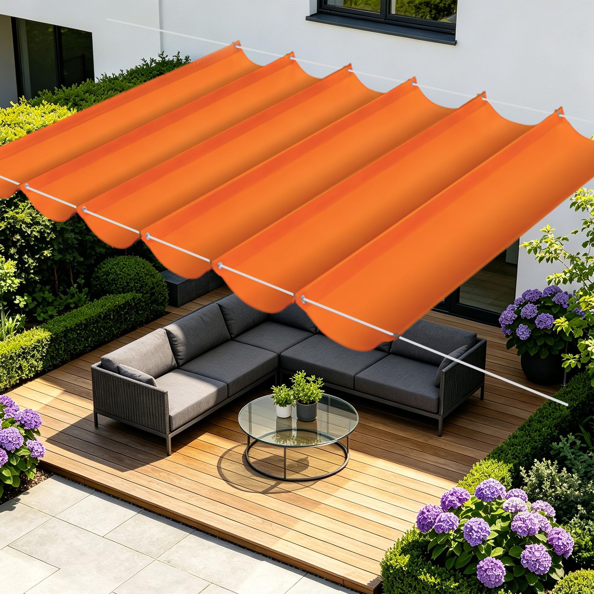 Toile ombrage jardin orange et sable pour ombrager un patio estival