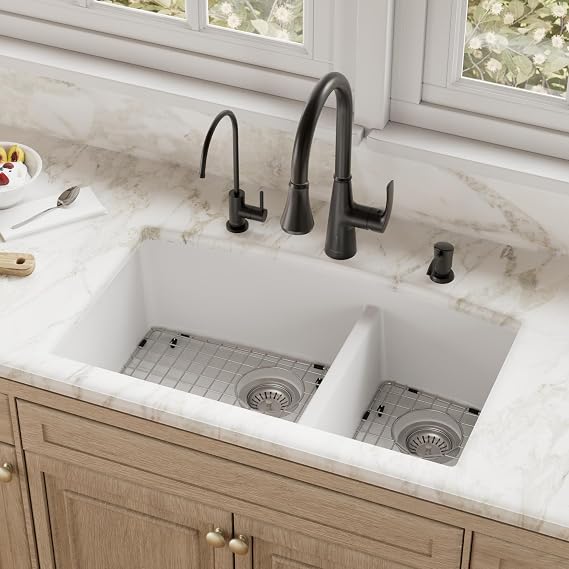 Karran QU-711 Undermount Quartz Composite 32 in. 60/40 Double Bowl Kitchen Sink Kit in White