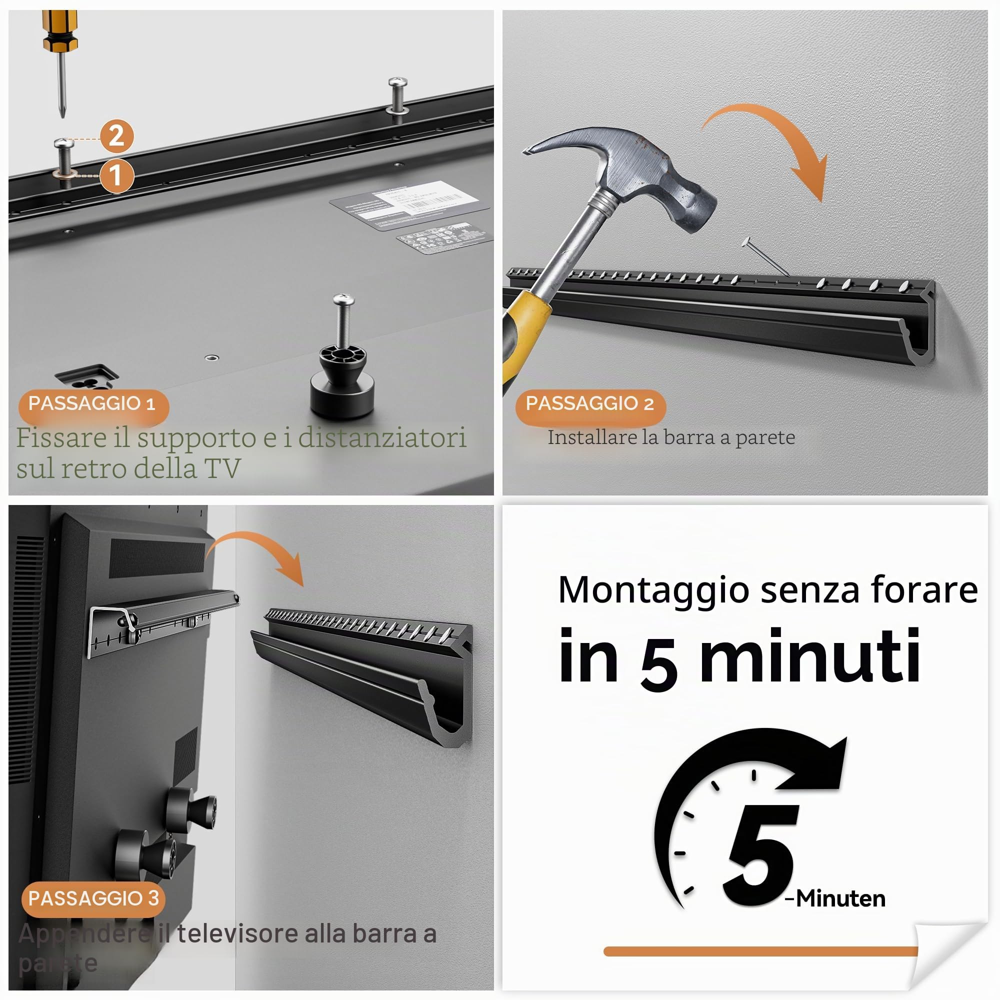 Supporto da parete per TV senza piedistallo per TV da 32–75 pollici, supporto da parete per TV per pareti in cartongesso, senza forare e senza tasselli con max VESA 600x400 mm fino a 68 kg