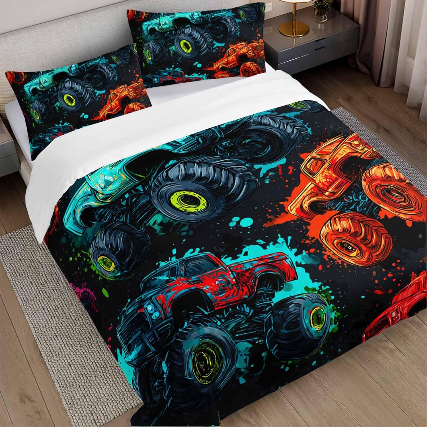 AILONEN Monster Truck Print Duvet Cover Set Twin Size,Cartoon Trucks Bedding Sets for Kids Teens Boys,Cool Graffiti Comforter Cover,3-Piece, 1 Quilt Cover and 2 Pillowcases,Soft Microfiber