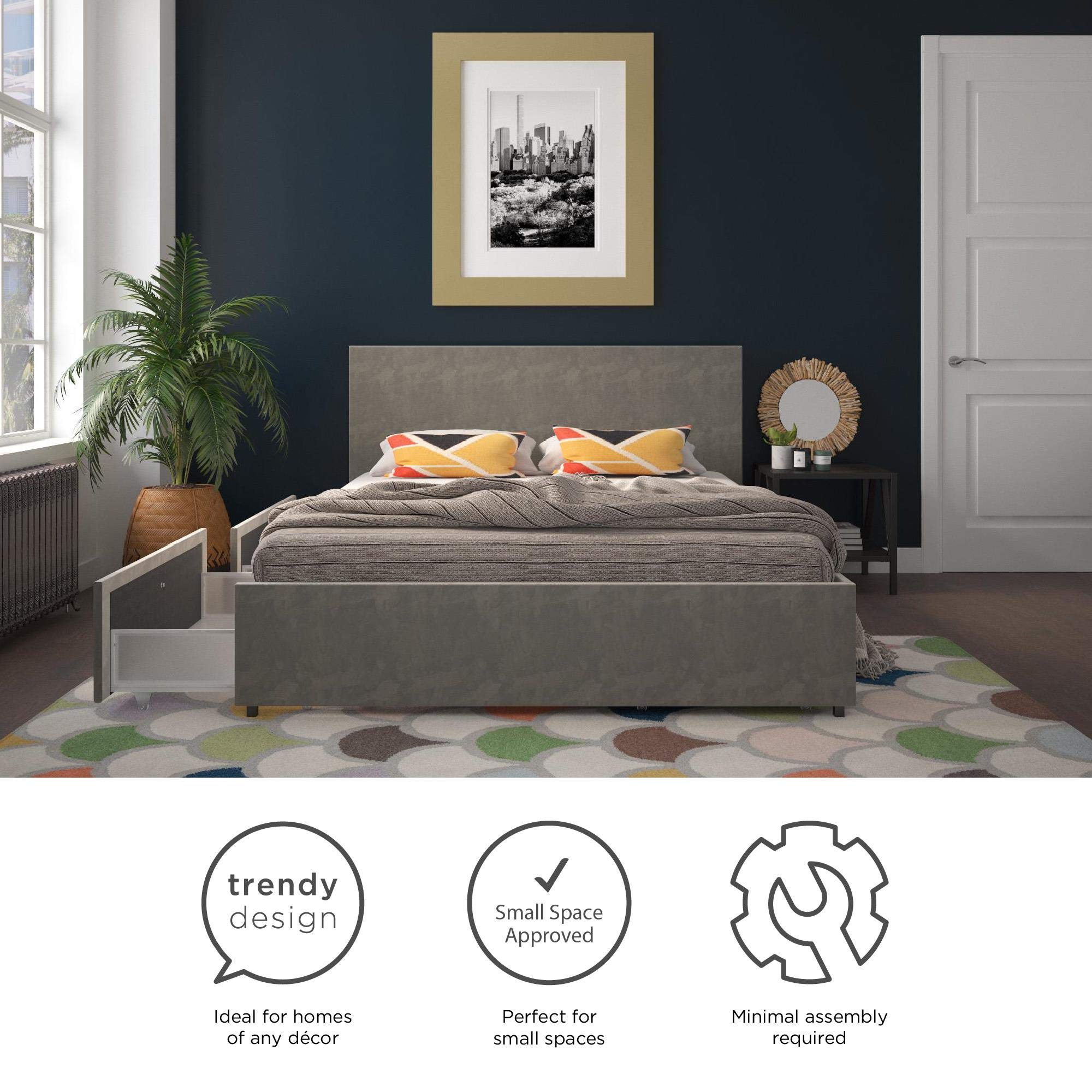 King Novogratz Kelly Upholstered Storage Drawers, Light Gray Velvet