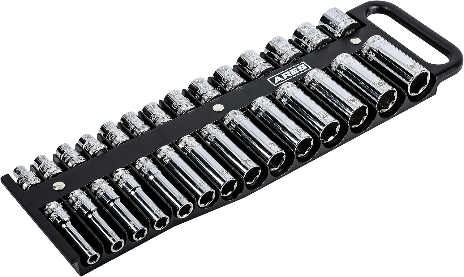 ARES 70219-28-Piece 3/8-Inch Drive Magnetic Socket Holder - Securely Holds 14 Standard and 14 Deep Sockets in Place - Organize Sockets up to 1 Inch or 24mm