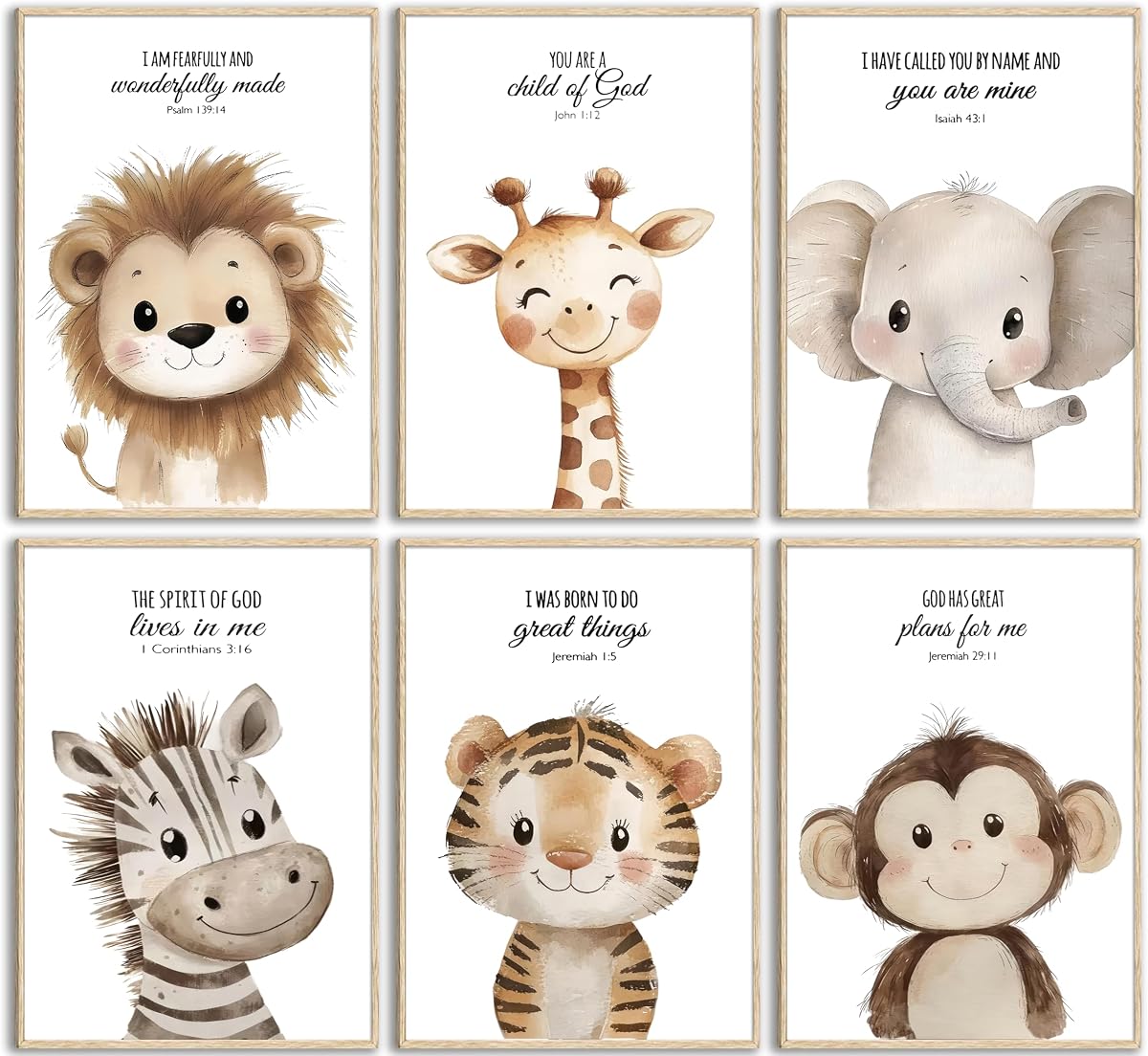 6Pcs Nursery Bible Verse Animal Wall Art Cute Woodland Animals Christian Picture Wall Decor Lions Elephant Giraffe Poster Print Artwork for Classroom BabyBedroom Boys Girls Home Decoration Unframed