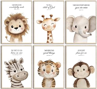 6Pcs Nursery Bible Verse Animal Wall Art Cute Woodland Animals Christian Picture Wall Decor Lions Elephant Giraffe Poster Print Artwork for Classroom BabyBedroom Boys Girls Home Decoration Unframed