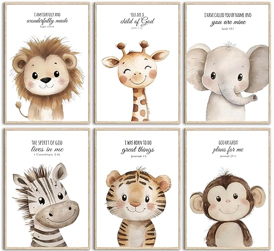 6Pcs Nursery Bible Verse Animal Wall Art Cute Woodland Animals Christian Picture Wall Decor Lions Elephant Giraffe Poster Print Artwork for Classroom BabyBedroom Boys Girls Home Decoration Unframed