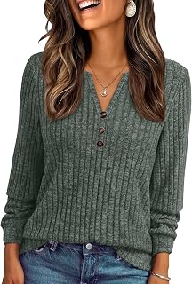 Womens Henley Long Sleeve Shirt Fall Top V Neck Fashion Dreesy Casual Tunic Sweaters Clothes Trendy Work Outfits
