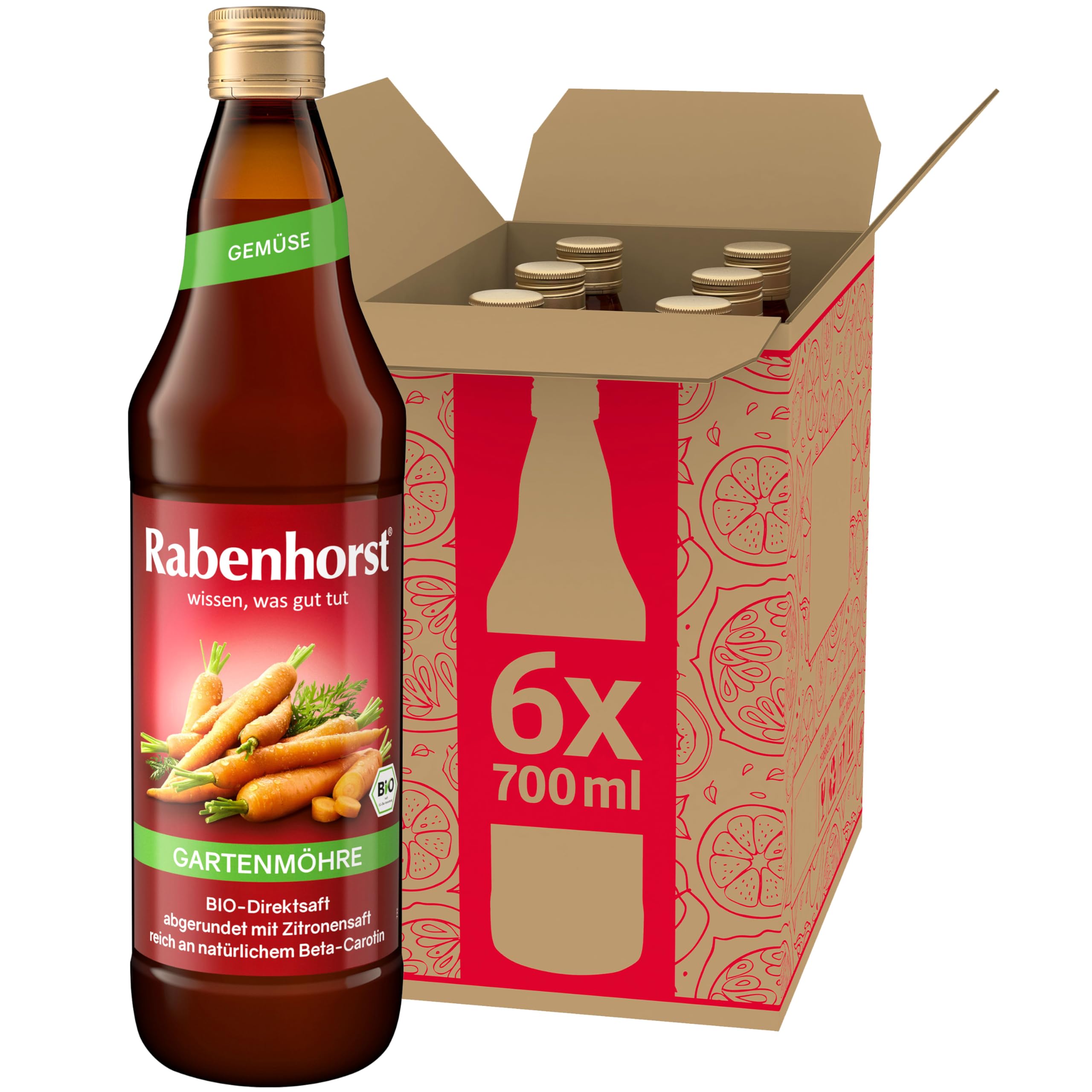 RABENHORST Gartenmöhre BIO 6er Pack (6 x 700 ml) - Hochwertiger Möhrensaft mit Zitronensaft abgerundet | Hochwertiger Möhrensaft mit Zitronensaft abgerundet