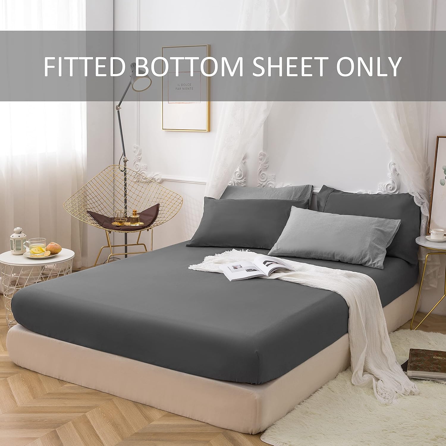 Fitted Bottom Sheet Only Premium 1800 Ultra-Soft Fade Resistant Brushed Microfiber Deep Pocket Full Gray
