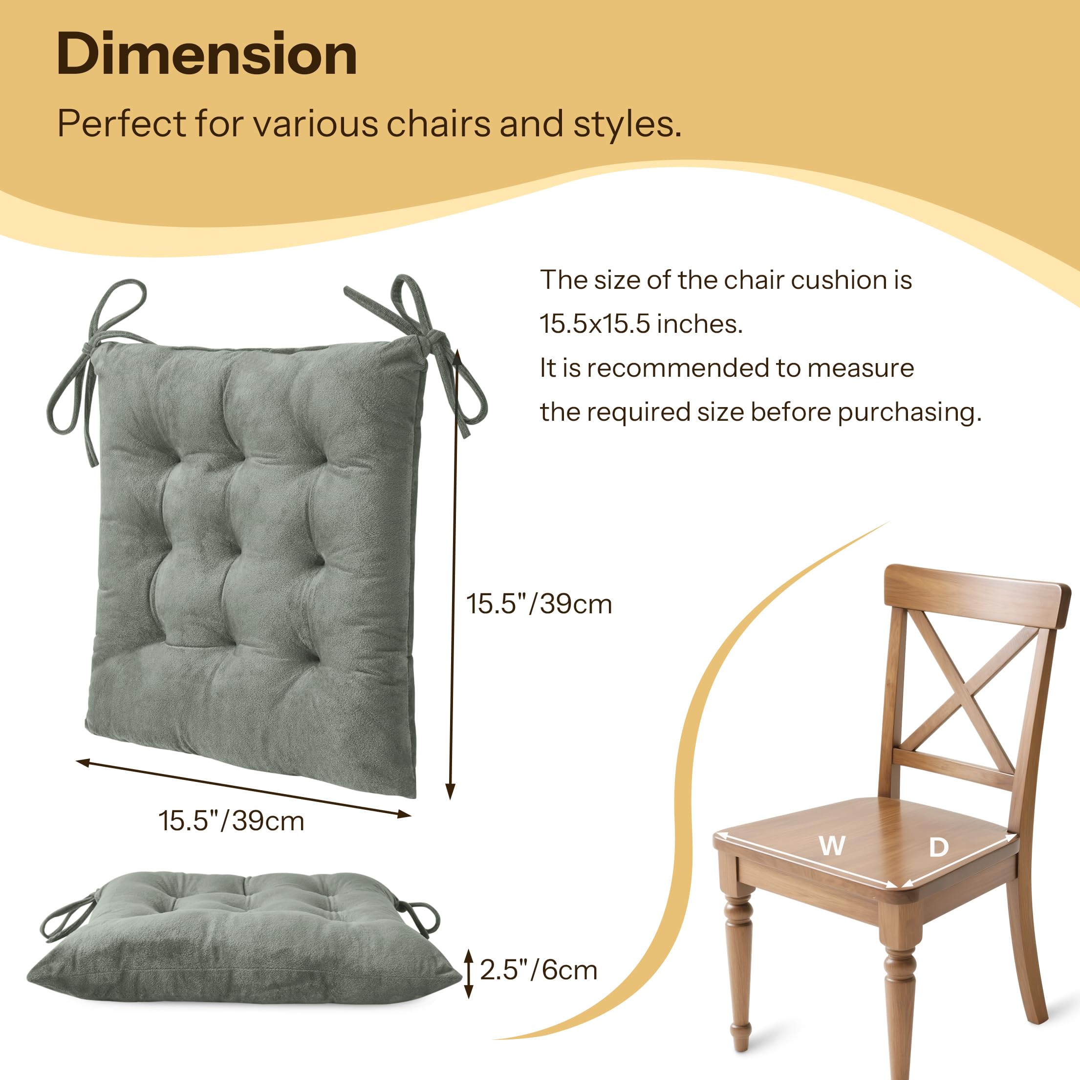 FlyGulls Kitchen Chair Cushions Set of 2 Tufted Square Seat Cushions with Ties Plush Chair Pad for Kitchen Dining Room Office(39x39cm Light Grey) - Image 2