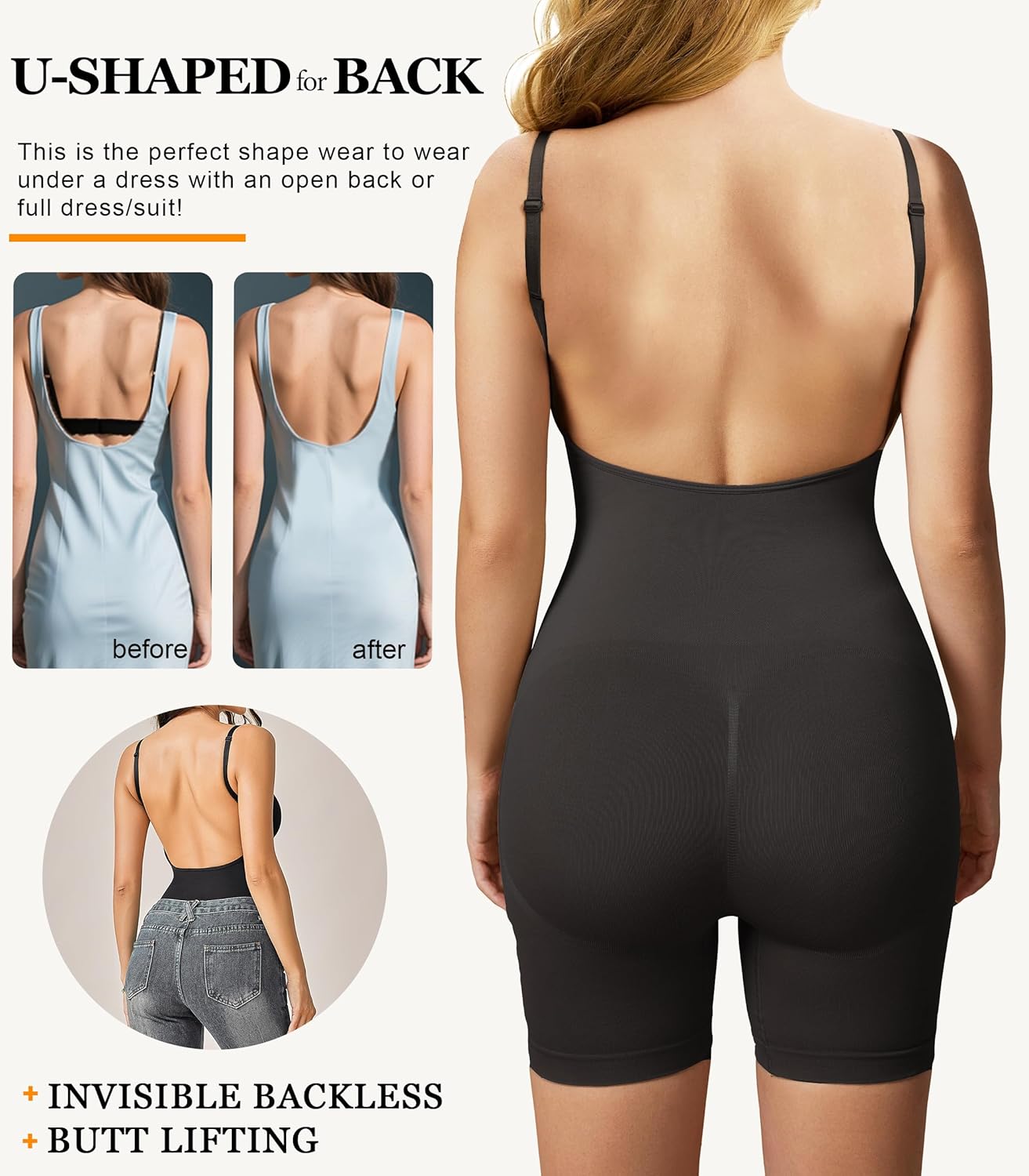Backless Shapewear for Women Low Back Bodysuit Slimming Tummy Control Full Body Shaper - Image 2