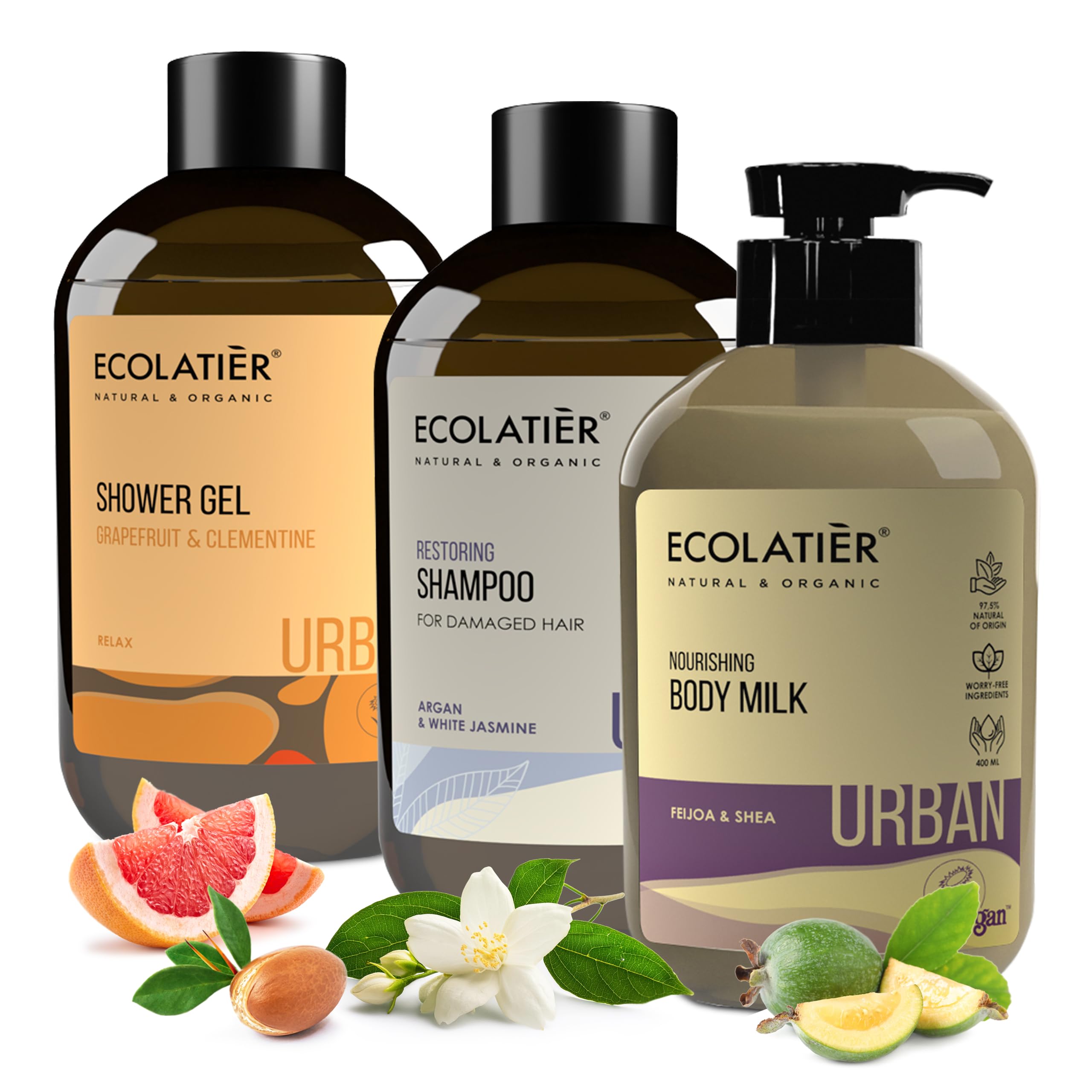 ECOLATIÈR Shower Gel Grapefruit & Clementine + Restoring Shampoo + Nourishing Body Milk - Hydrating & Rejuvenating Skin & Hair Care Set with Dragon’s Blood & Natural Oils