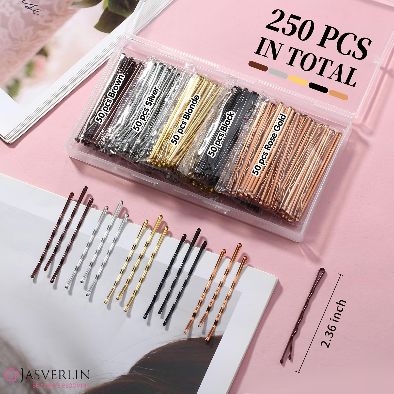 JASVERLIN 2.36” 250 Pcs Large Bobby Pins Black Brown Blonde Silver for Women Jumbo Hair Pins for Long Thick Decorative Hairpins Secure Hold Hair Styling Accessories Kit for Updo Bun Girls (6 cm) - Image 2