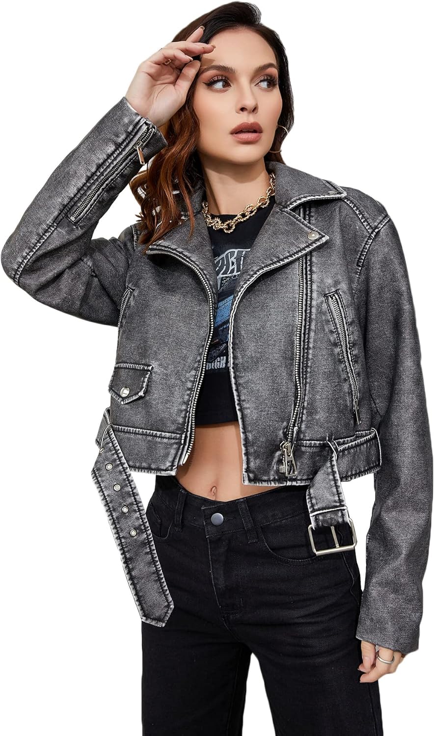LY VAREY LIN Women Faux Leather Cropped Jacket Lapel Zipper Biker Short Coat with Belt