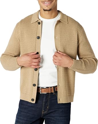 Amazon Essentials Men's Relaxed-Fit 100% Cotton Collared Cardigan Sweater