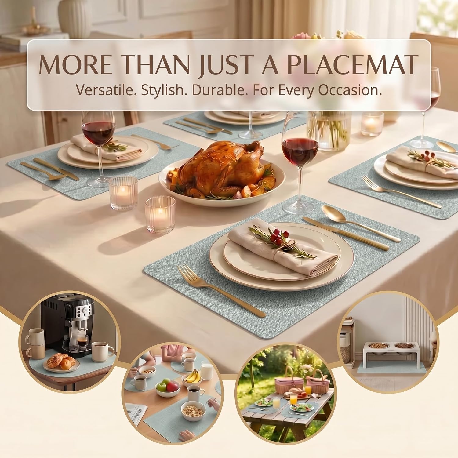 Faux Leather Placemats Set of 6, Wipeable Waterproof Stain Resistant Table Mats, Heat Resistant Thick Placemats with Hand-Painted Edges for Kitchen Dining, Imitative Linen Texture, Various Shapes