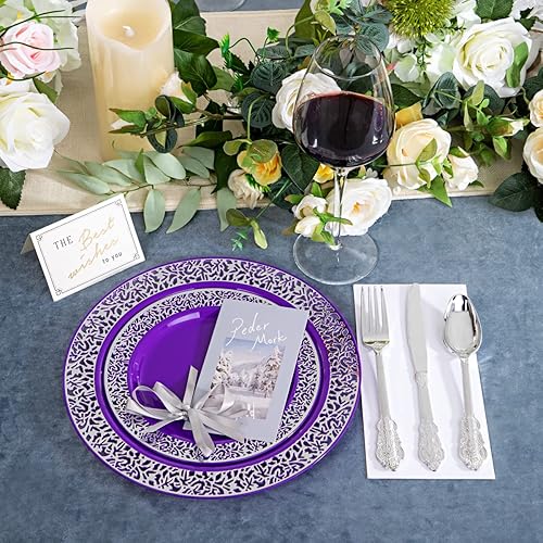 Miniatura 8 de U-QE 150 platos de plástico blanco con cubiertos de plástico dorado. Los platos desechables blancos incluyen 30 platos de cena, 30 platos de postre,