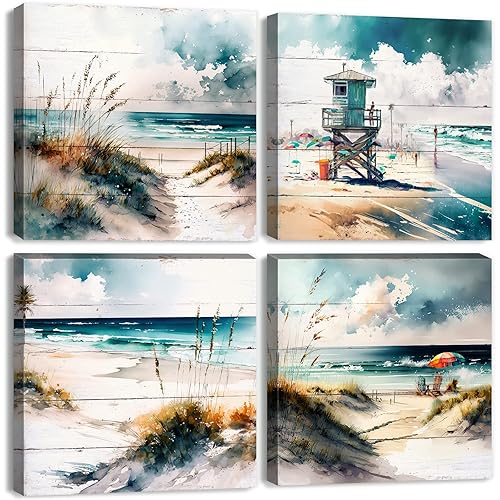 Beach Wall Art Teal Blue Beach Scene Painting Wall Decor