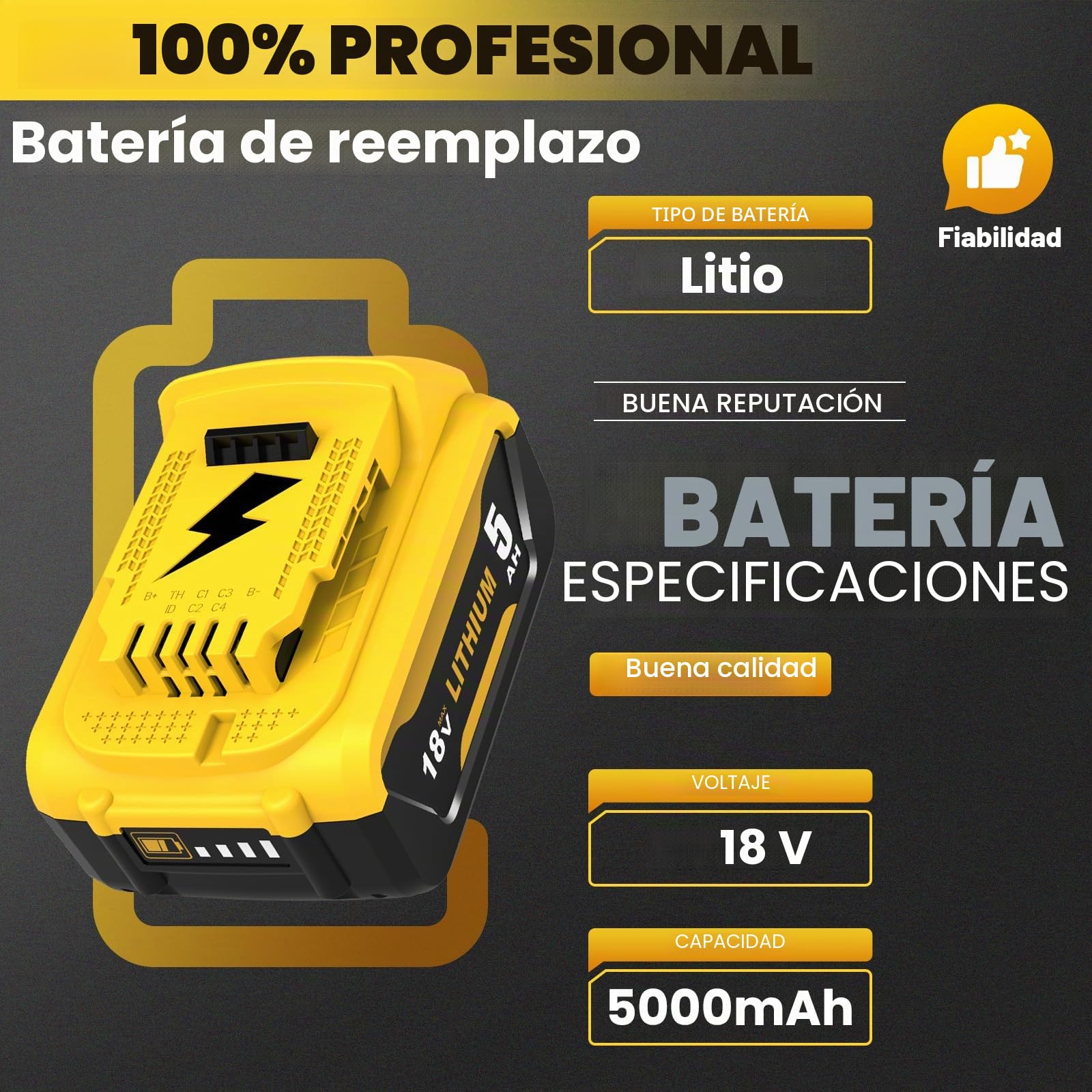 2×18 V 5,0 Ah DCB184 Batería para Dewalt 18 V 5,0 Ah Batería DCB184 DCB180 DCB181 DCB182 DCB200 DCB201 DCB201-2 DCB200-2 DCB204-2 Herramientas eléctricas compatibles (Noir)